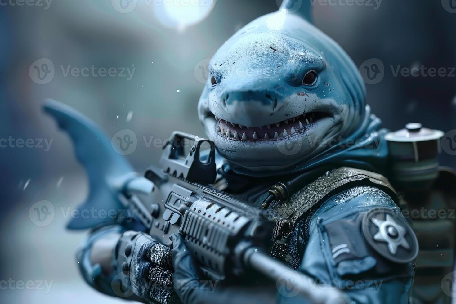 Special forces soldier with shark head holding assault rifle photo