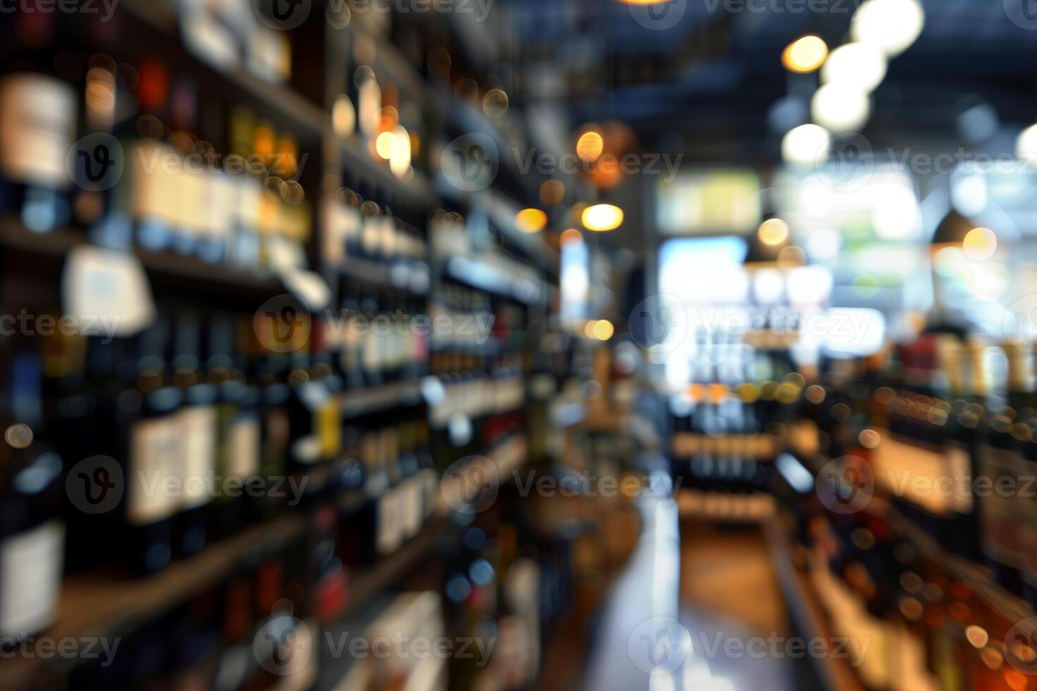 Wine bottles waiting on shelves in liquor store photo