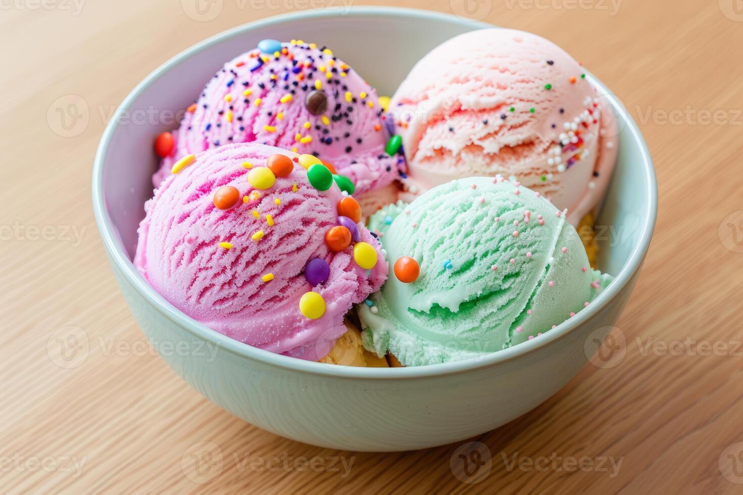 Four scoops of ice cream with sprinkles resting in a bowl photo
