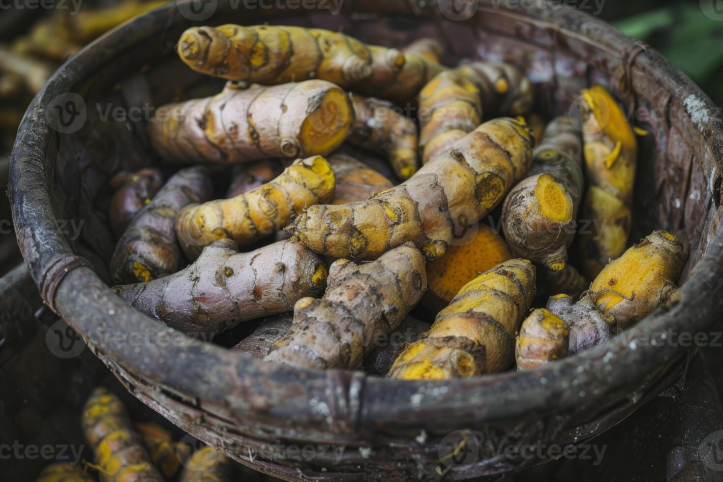 Fresh turmeric root is piled high in a basket for sale at a market photo