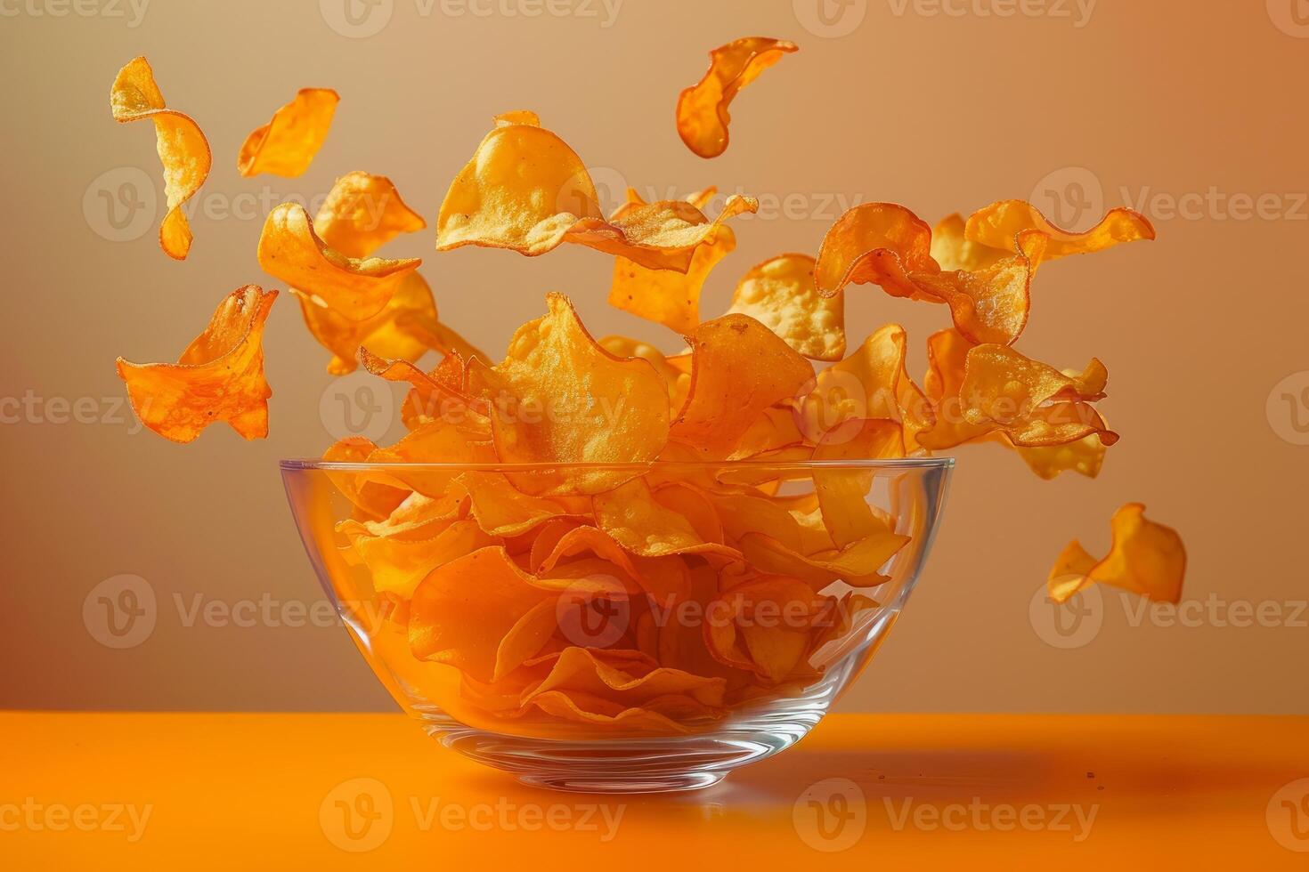 Bowl overflowing with crunchy potato chips falling on orange background photo