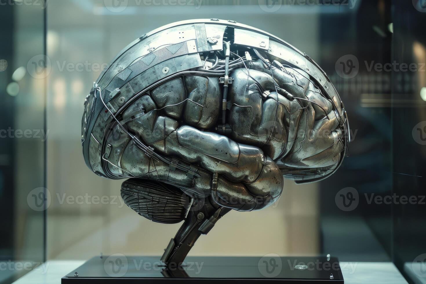 Artificial intelligence metallic brain sculpture displayed in modern museum photo
