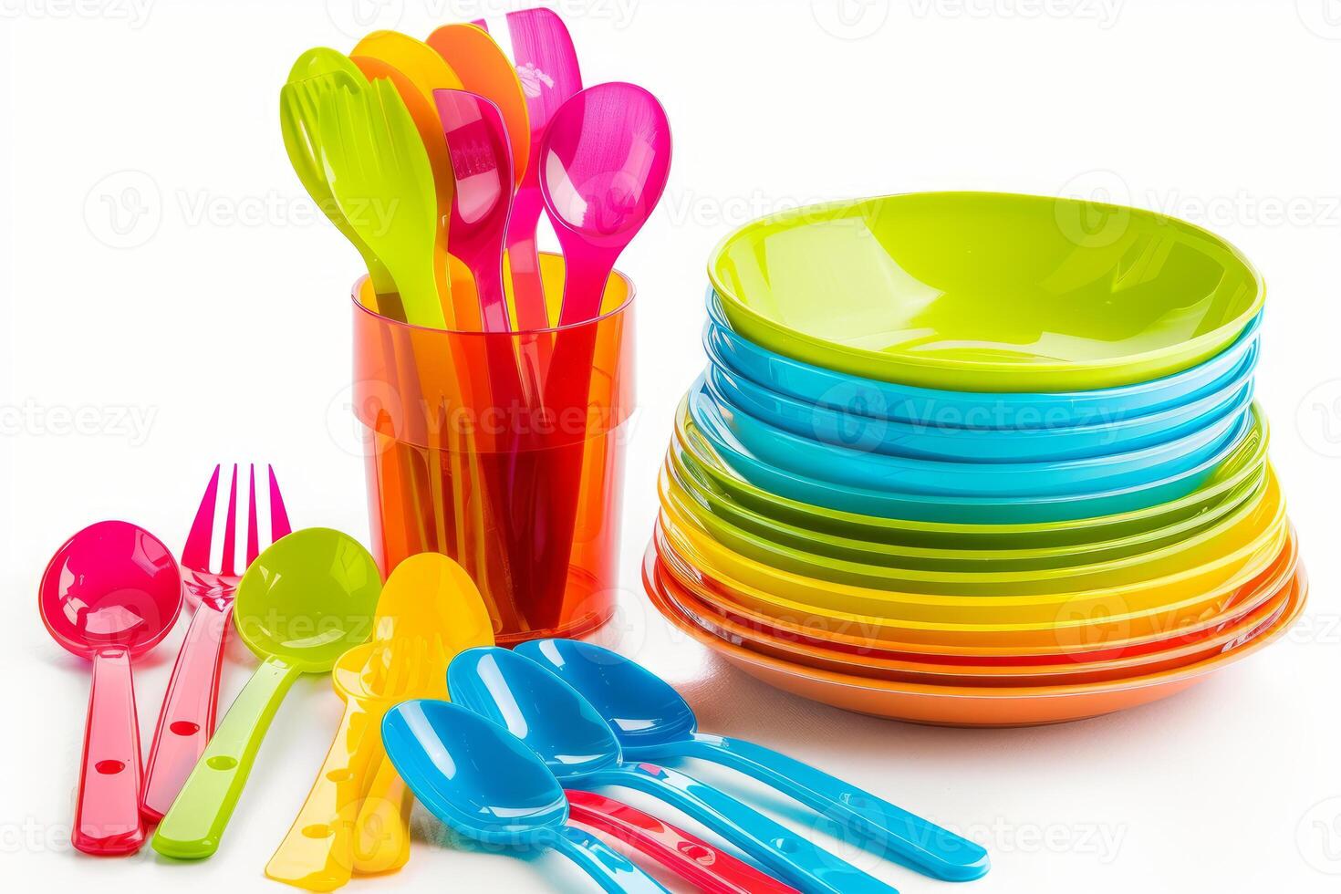 Colorful plastic kitchenware is standing on a white background photo