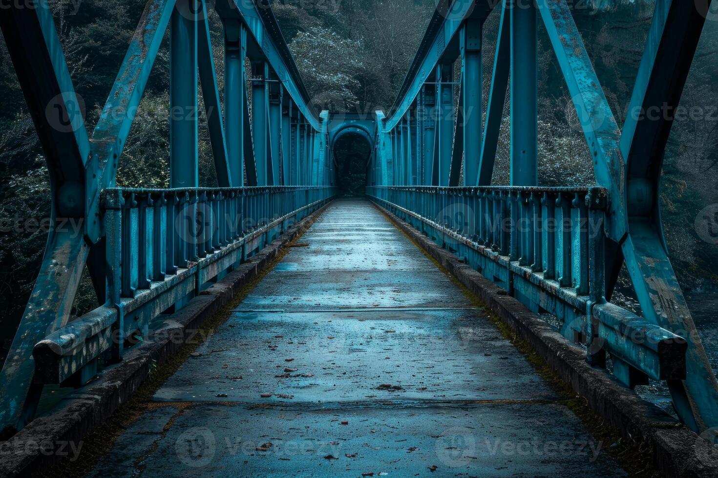 Old blue metal bridge crossing through forest area photo