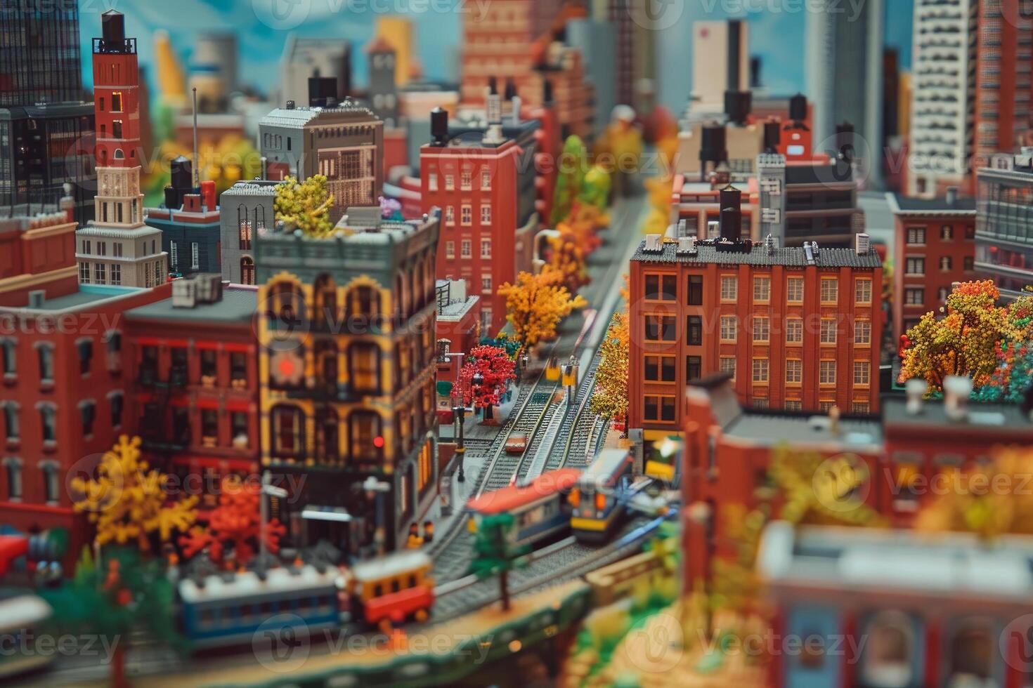 Miniature toy city with moving trains passing by colorful buildings photo