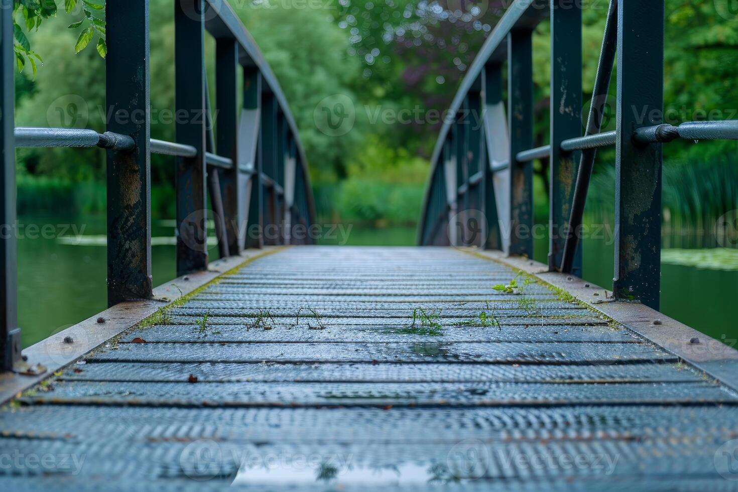 Narrow metal bridge crossing over water leading to green trees photo