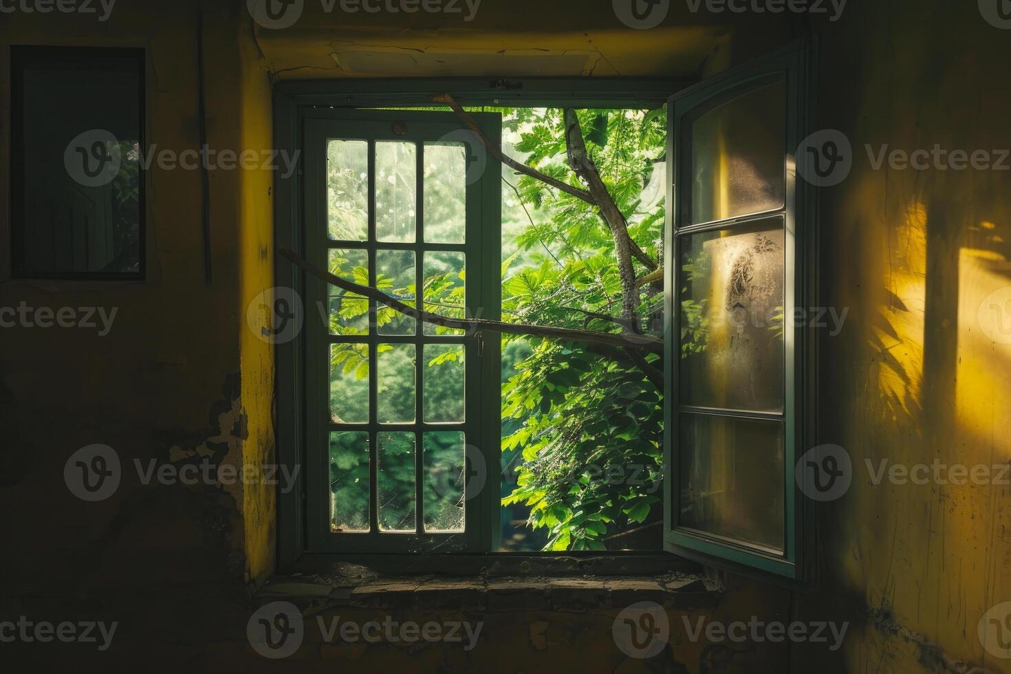 Tree branch reaching inside through old window of abandoned house photo