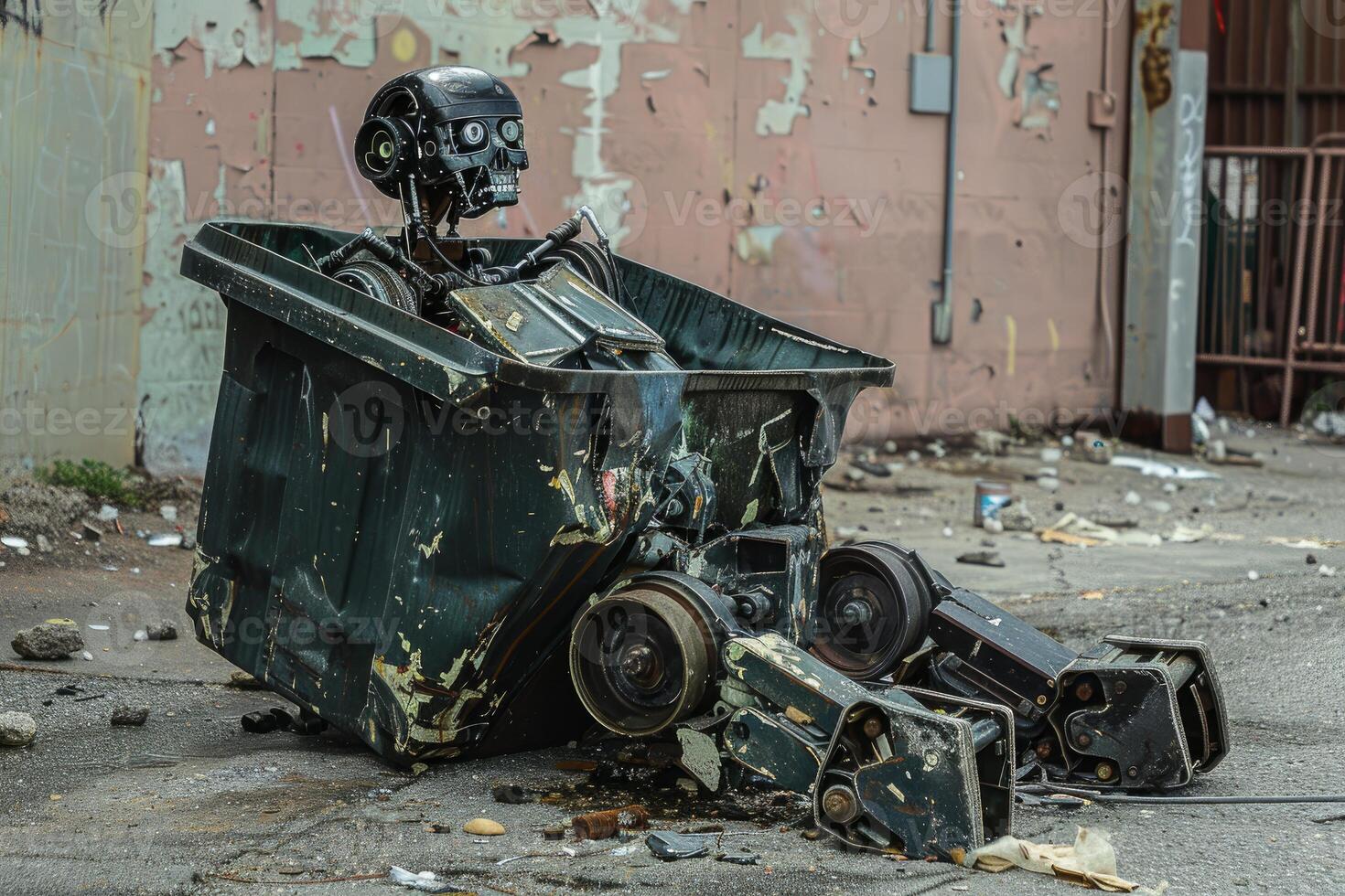 Broken futuristic robot is lying in a trash container photo