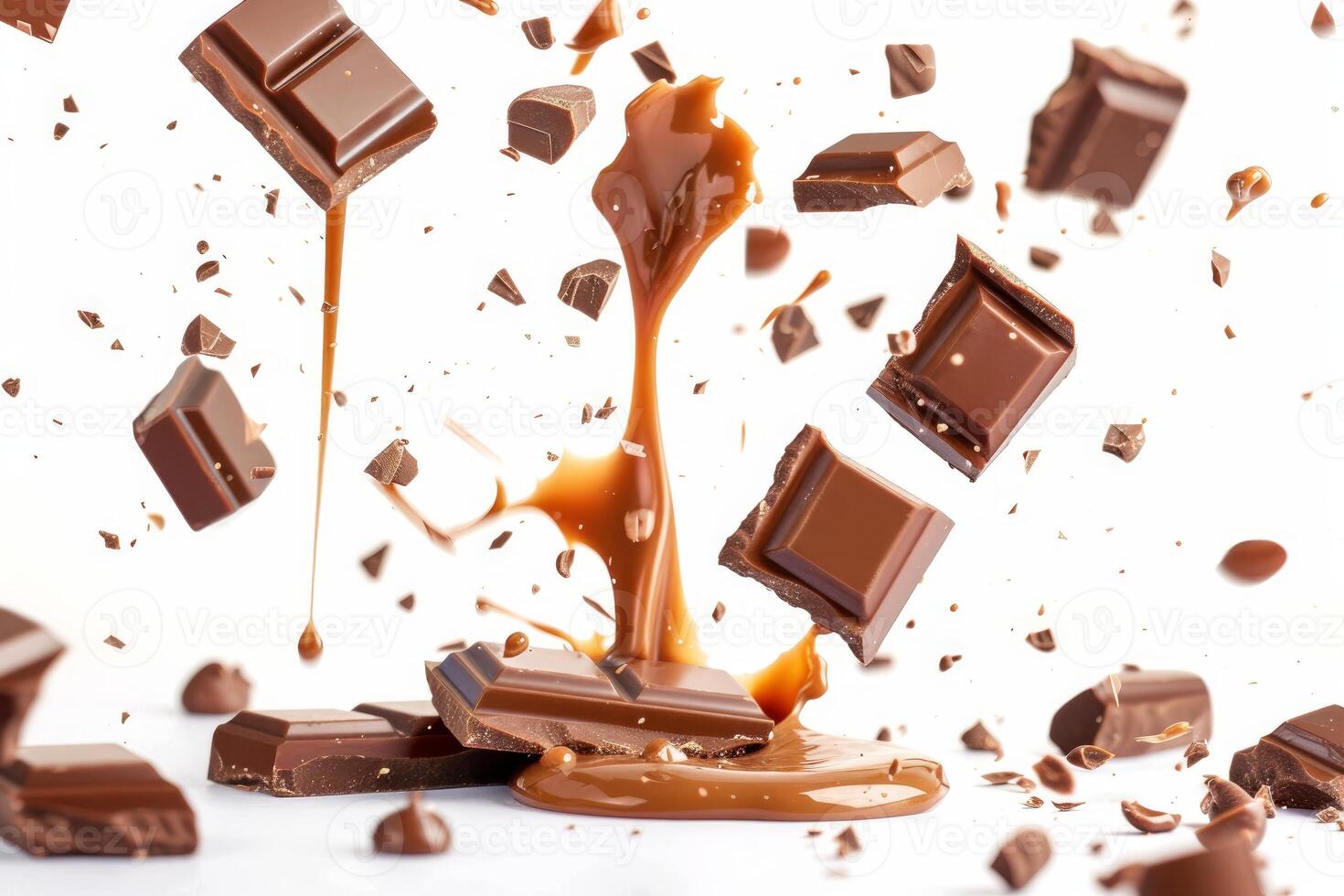 Chocolate bars and chocolate sauce splashing on white background photo