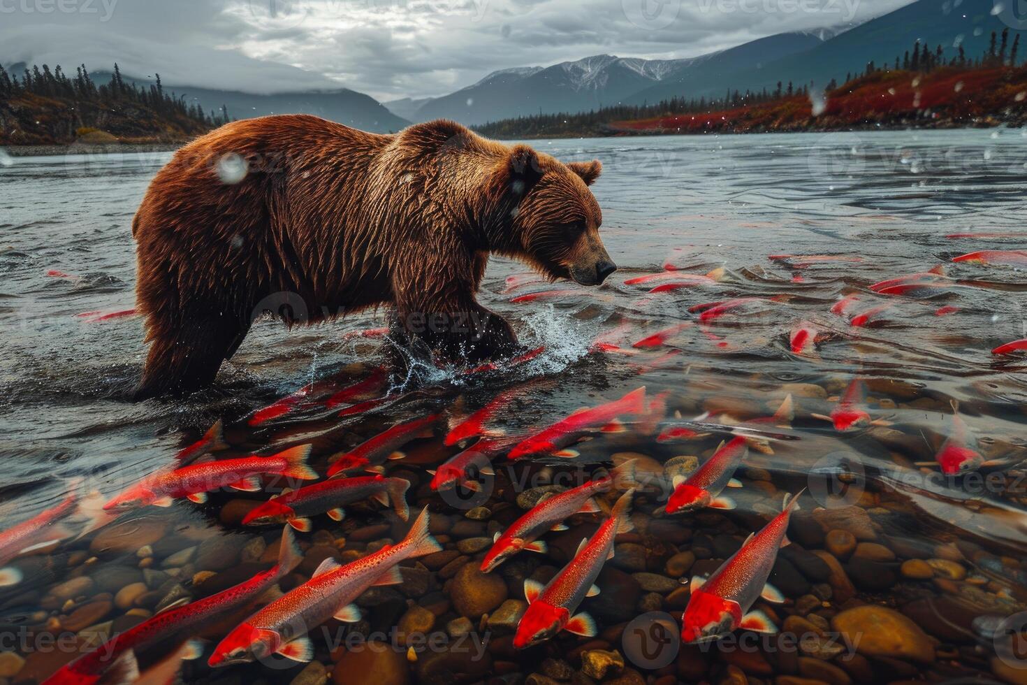 Large brown bear hunting salmon running upstream in river photo