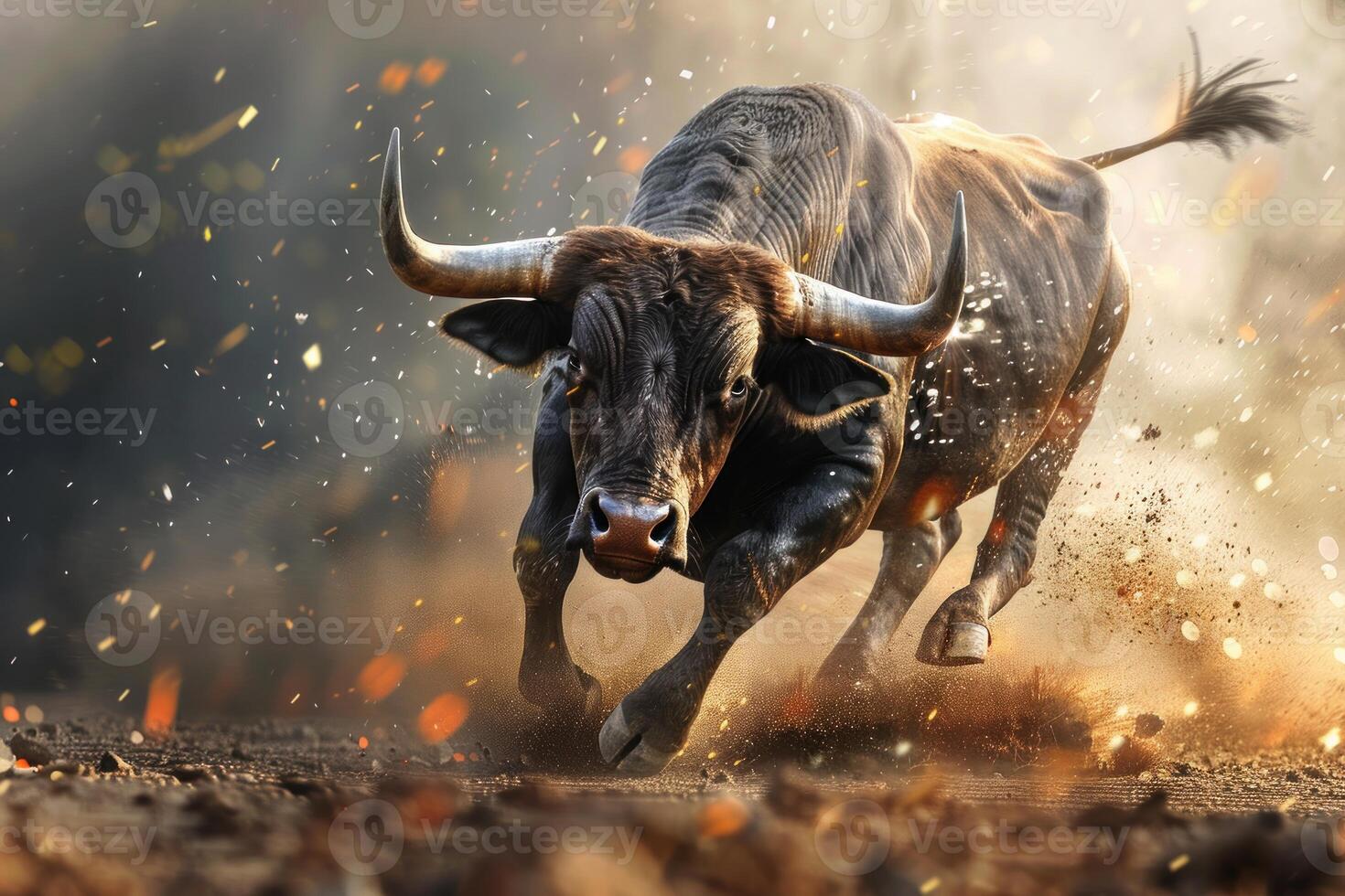 Powerful bull running and raising dust in sunset light photo