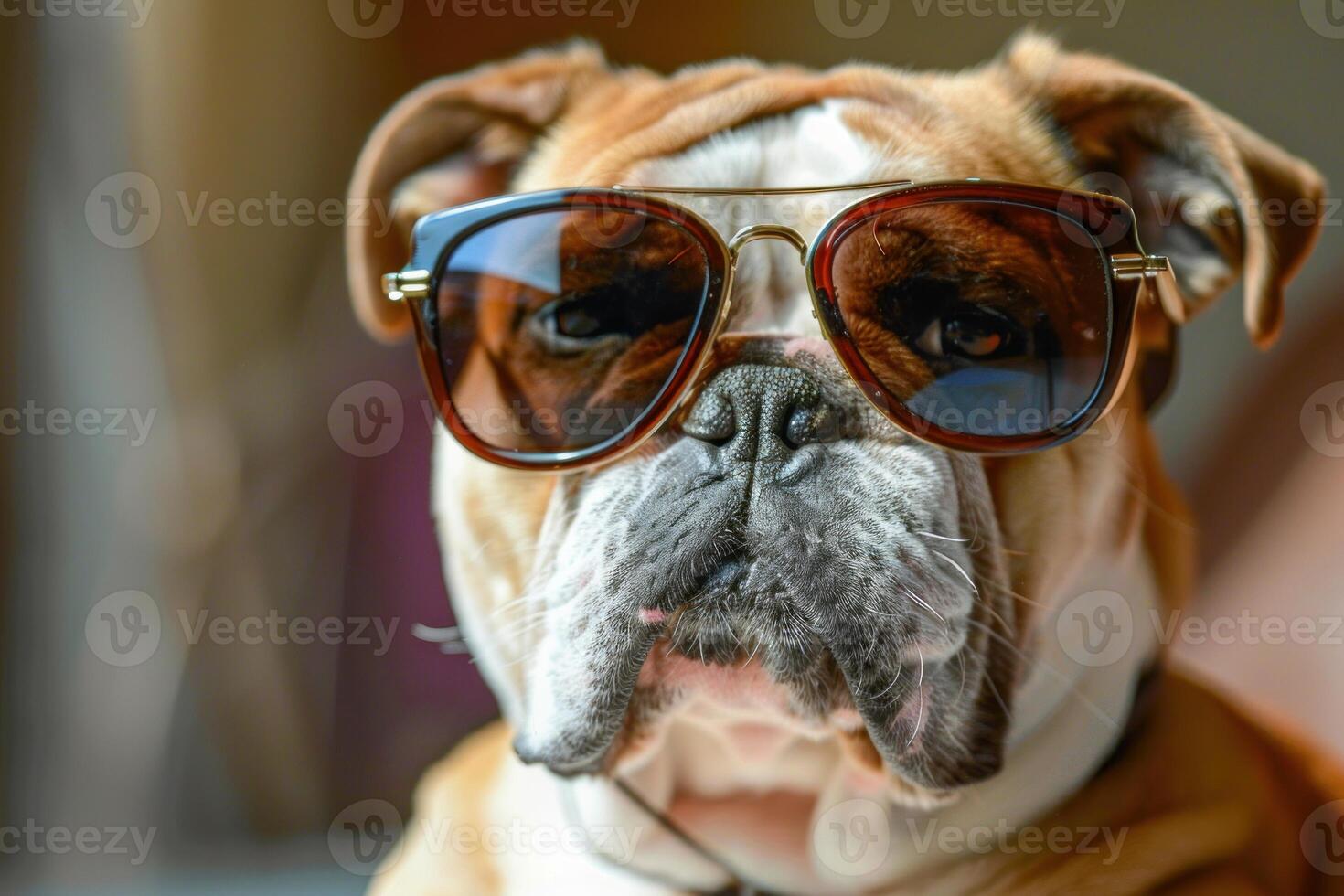 Bulldog dog wearing sunglasses posing like a bodyguard photo