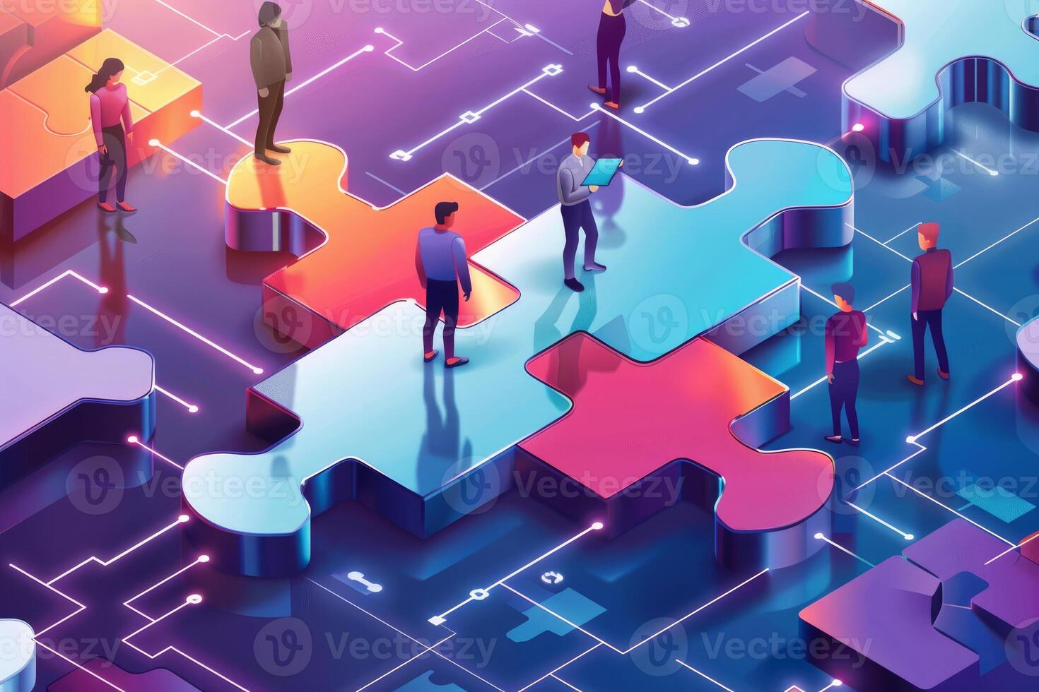 Business people connecting puzzle pieces building teamwork and innovation photo