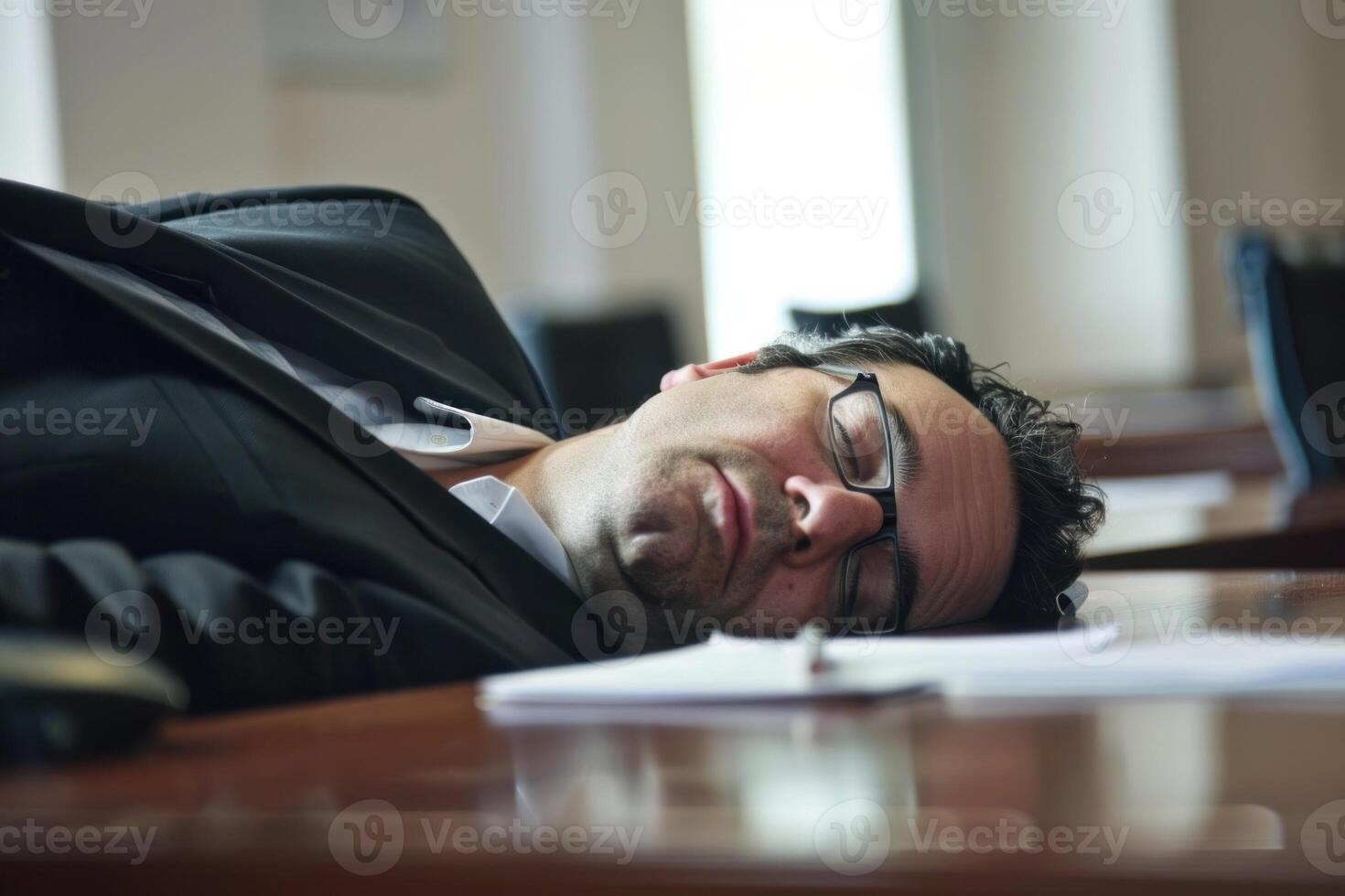 Exhausted businessman sleeping on desk at the office photo