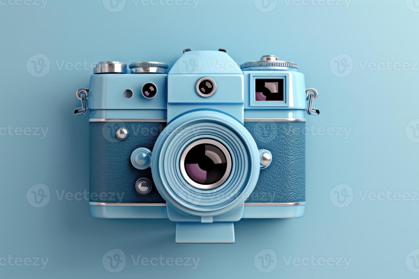 Blue retro camera sitting on a blue background photo