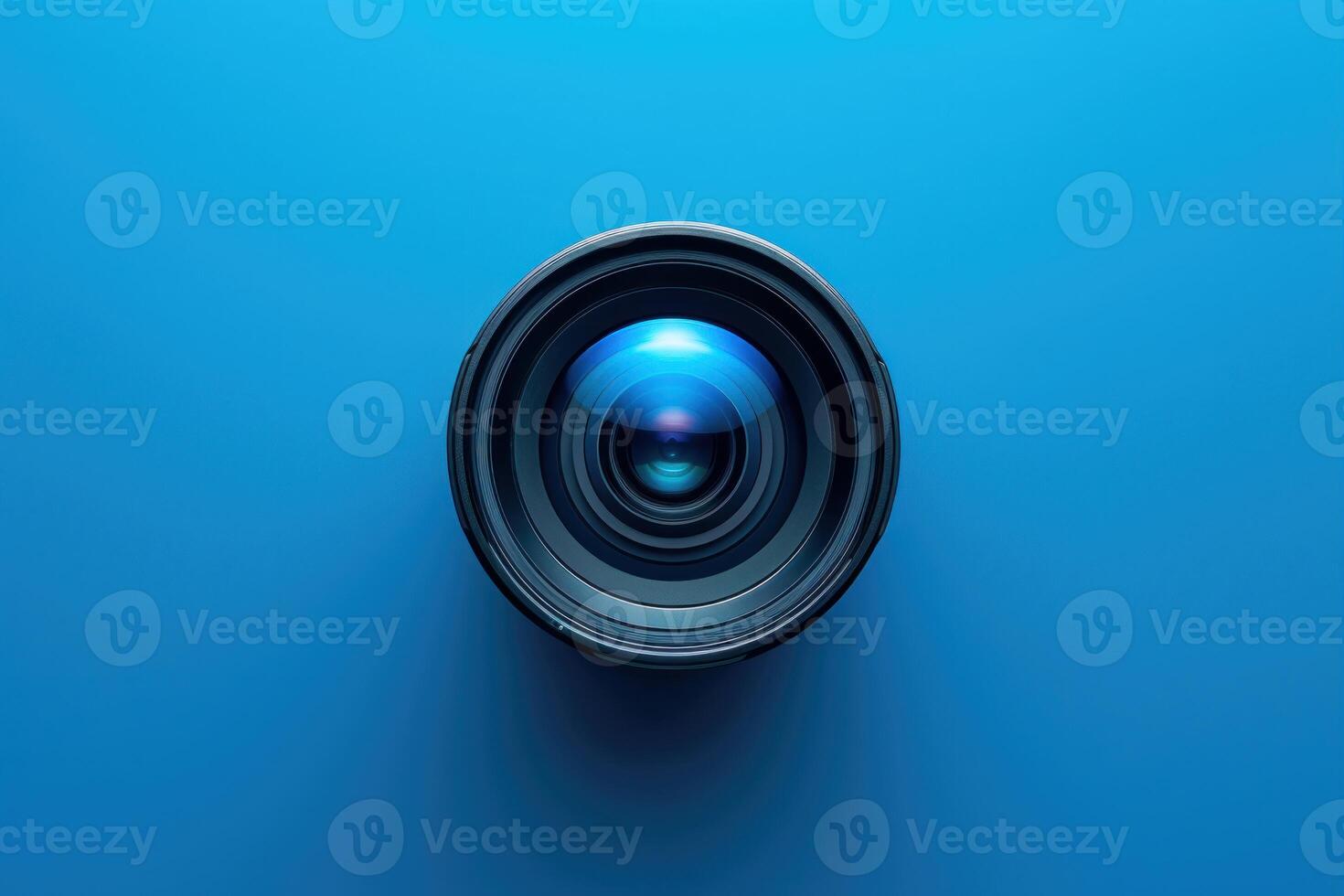 Professional camera lens showing aperture blades on blue background photo