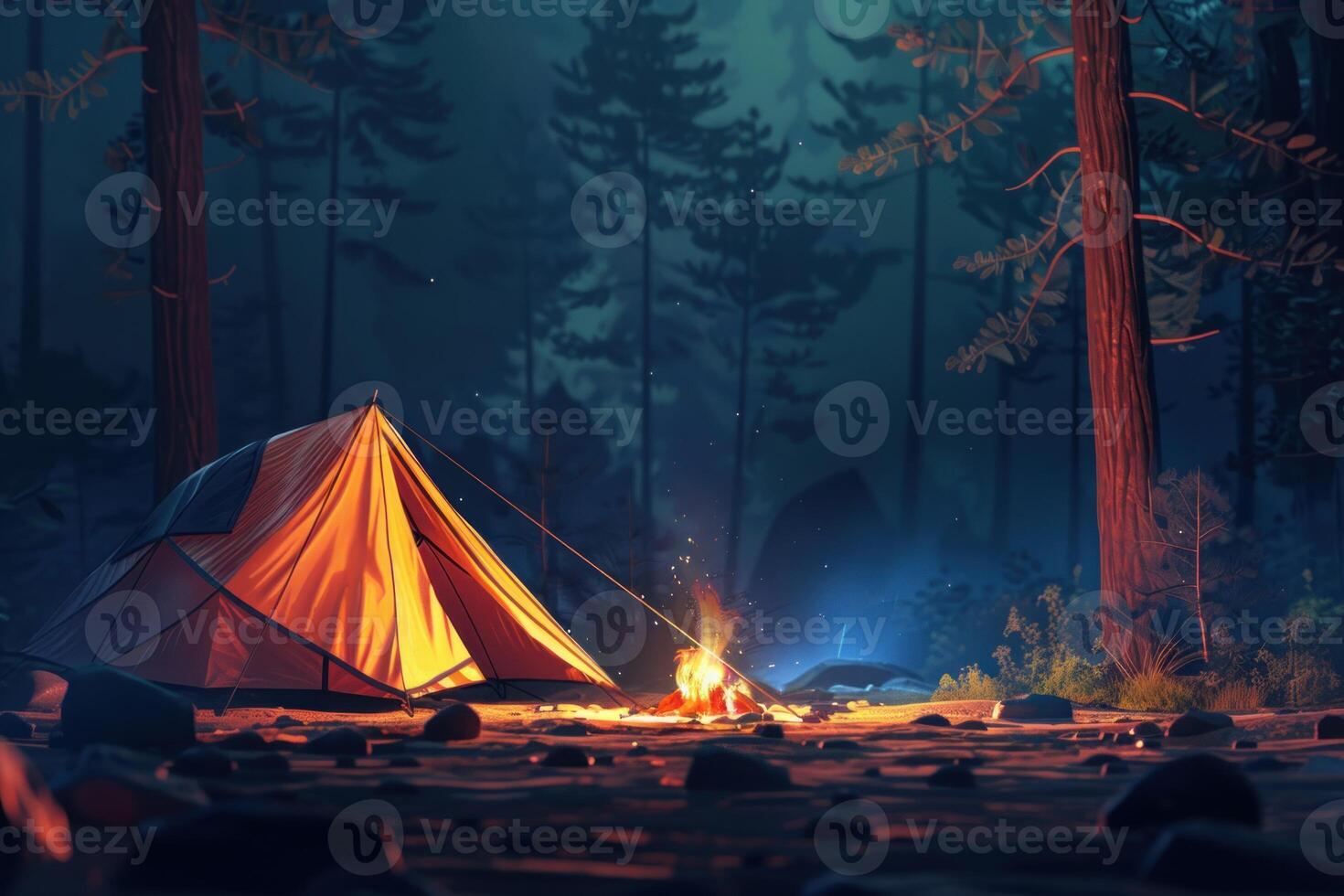 Lighted tent standing in a forest near a river at night photo