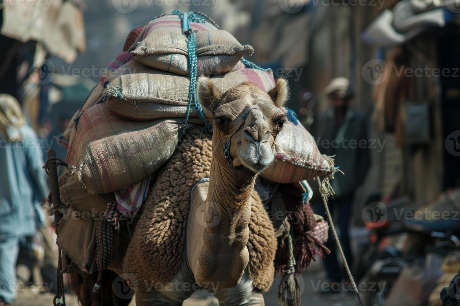 Dromedary camel carrying heavy load in busy market photo