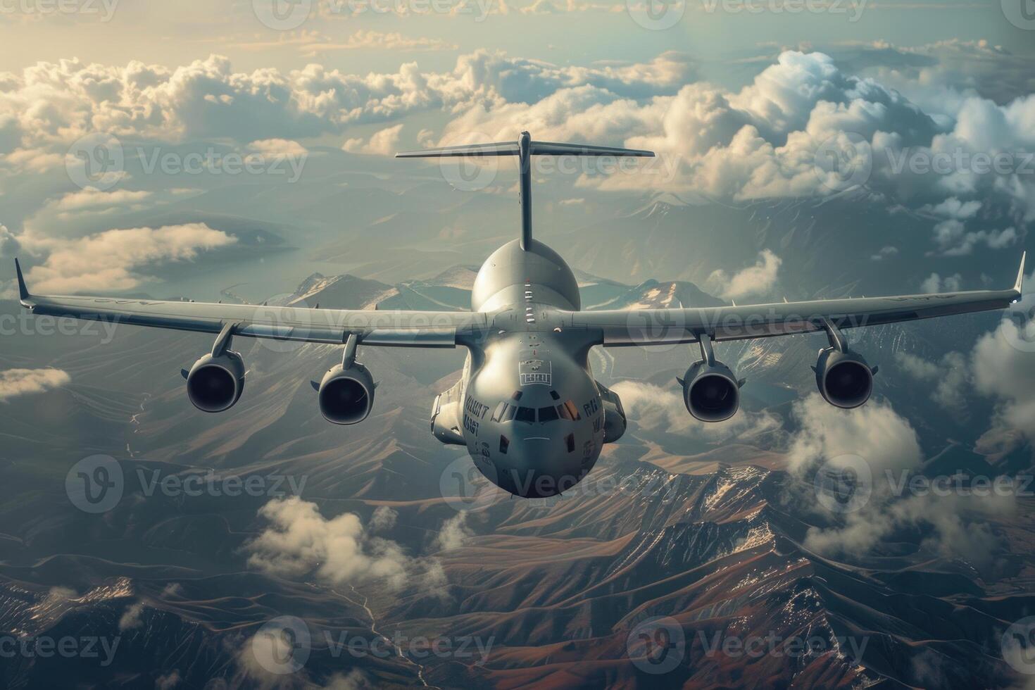 Large military transport aircraft is flying above a mountain range photo