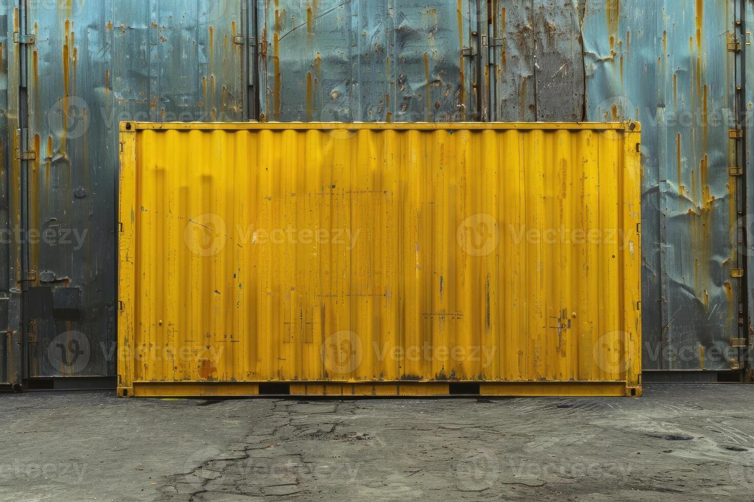 Yellow shipping container standing out from the others in a storage yard photo