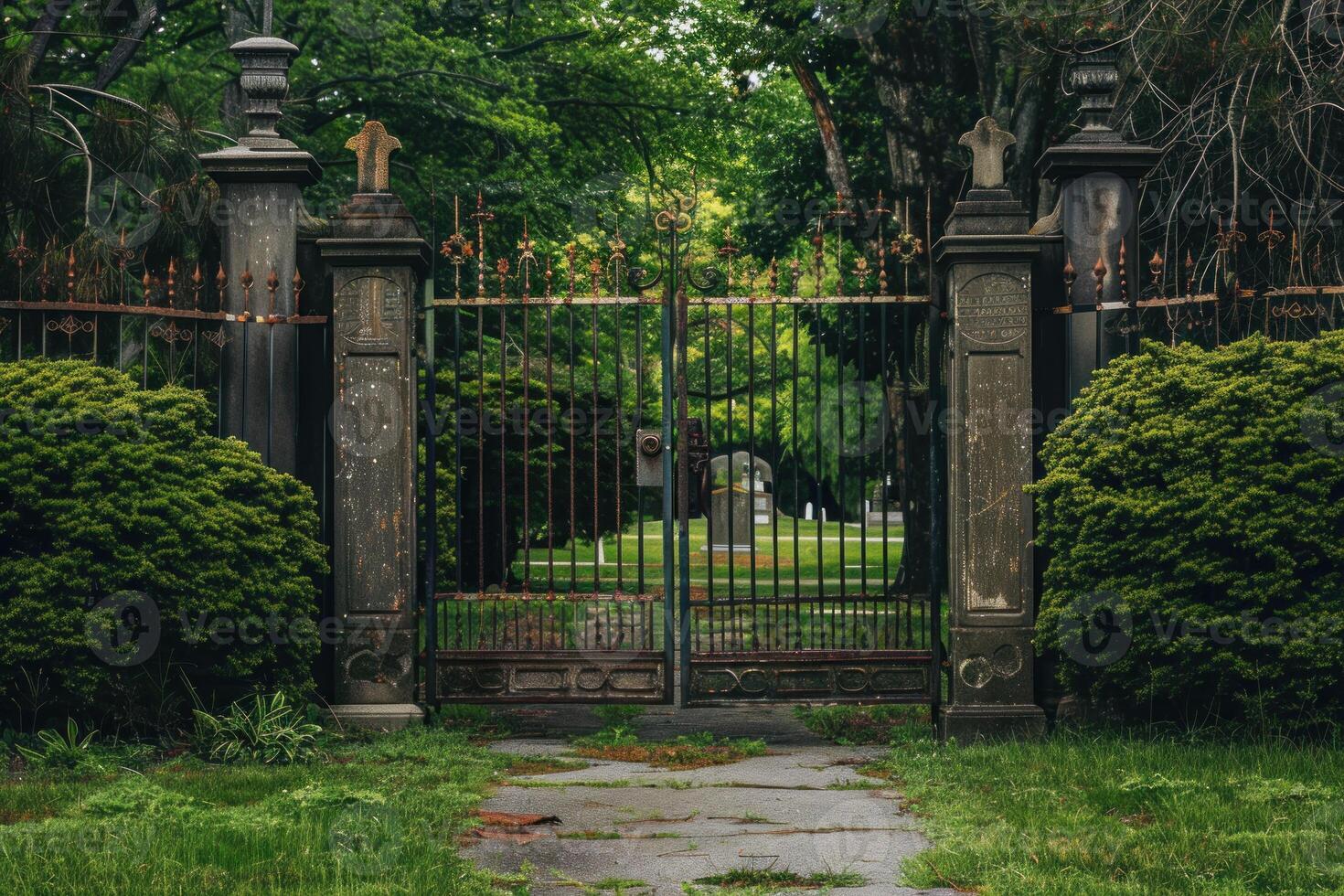 Old iron gate opening into cemetery with green trees and grass photo