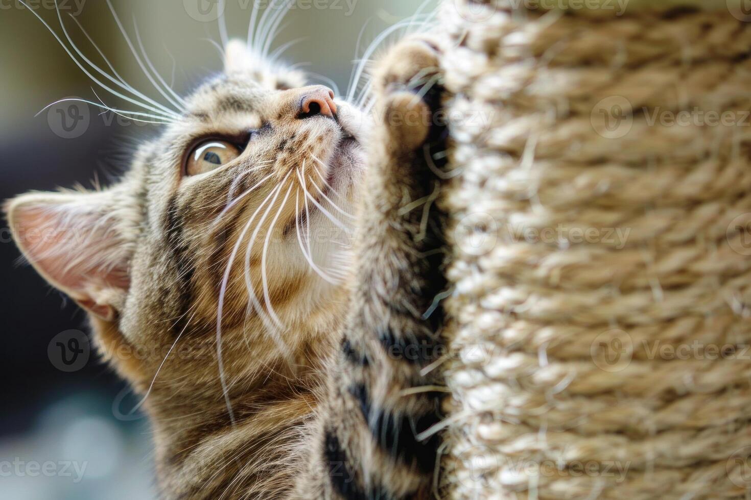 Tabby cat sharpening claws on a scratching post photo