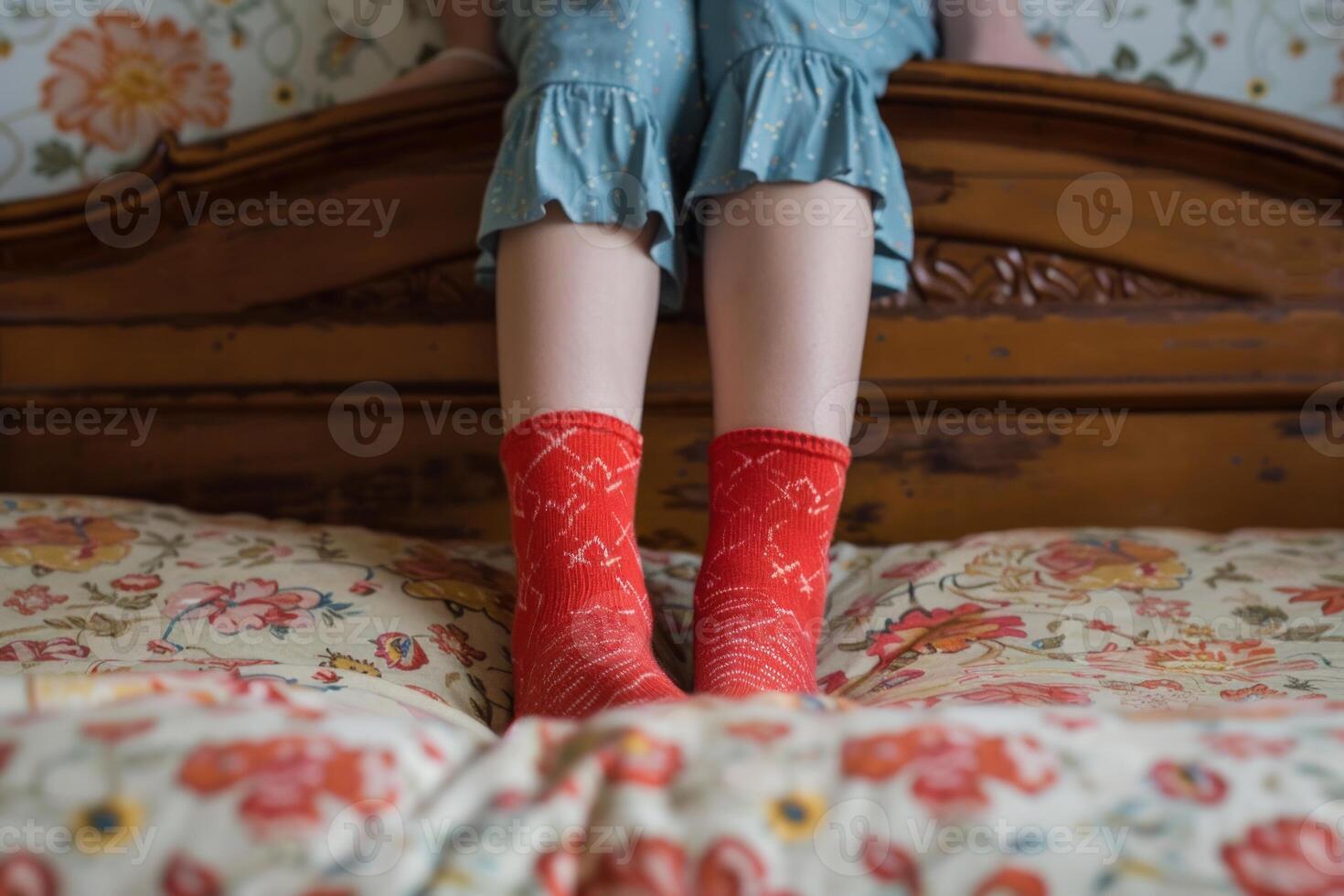 Little girl wearing red socks sitting on bed photo