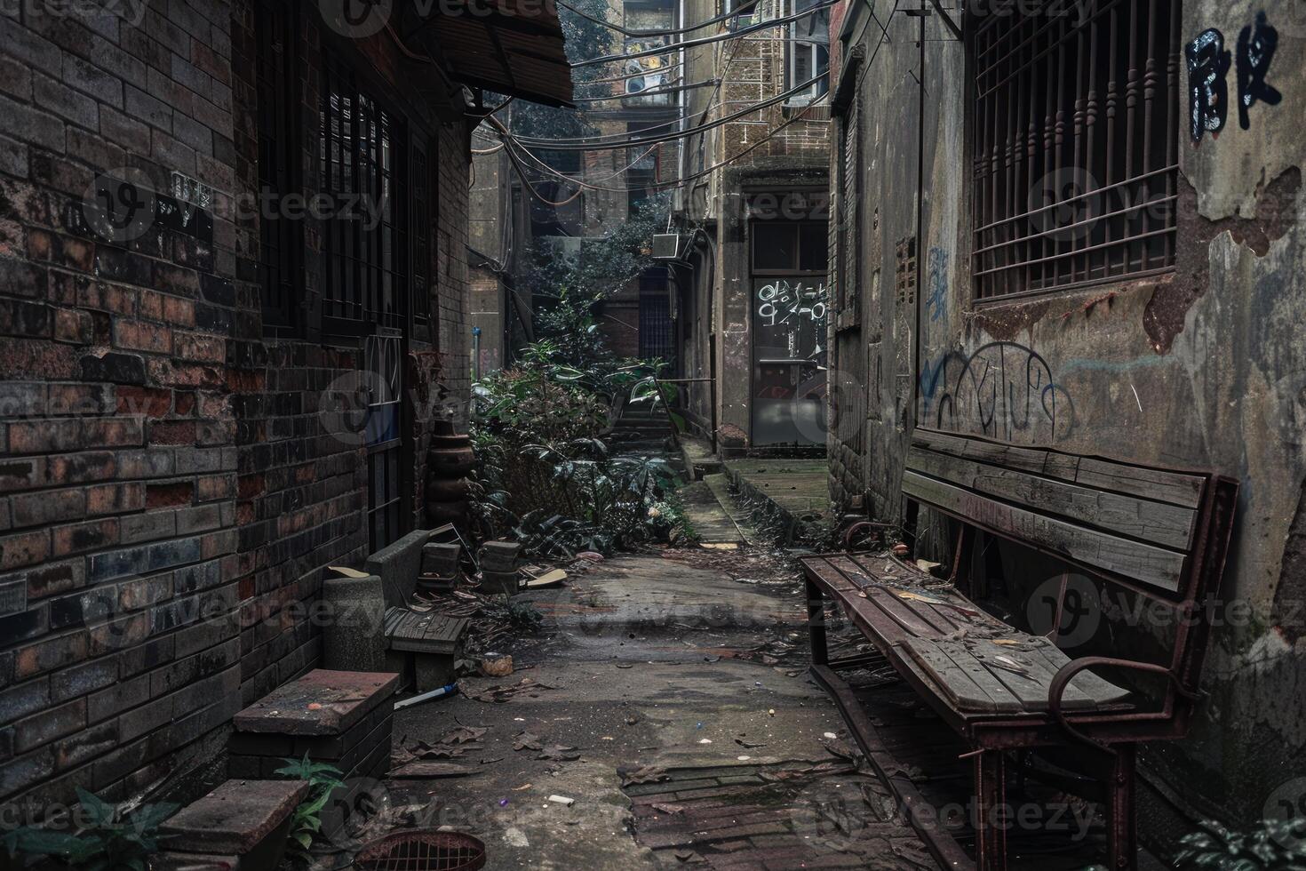 Old rusty bench inviting to sit down in deserted alley photo