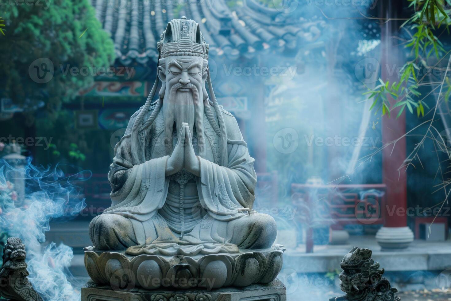 Ancient stone statue of chinese philosopher sitting in lotus position meditating photo