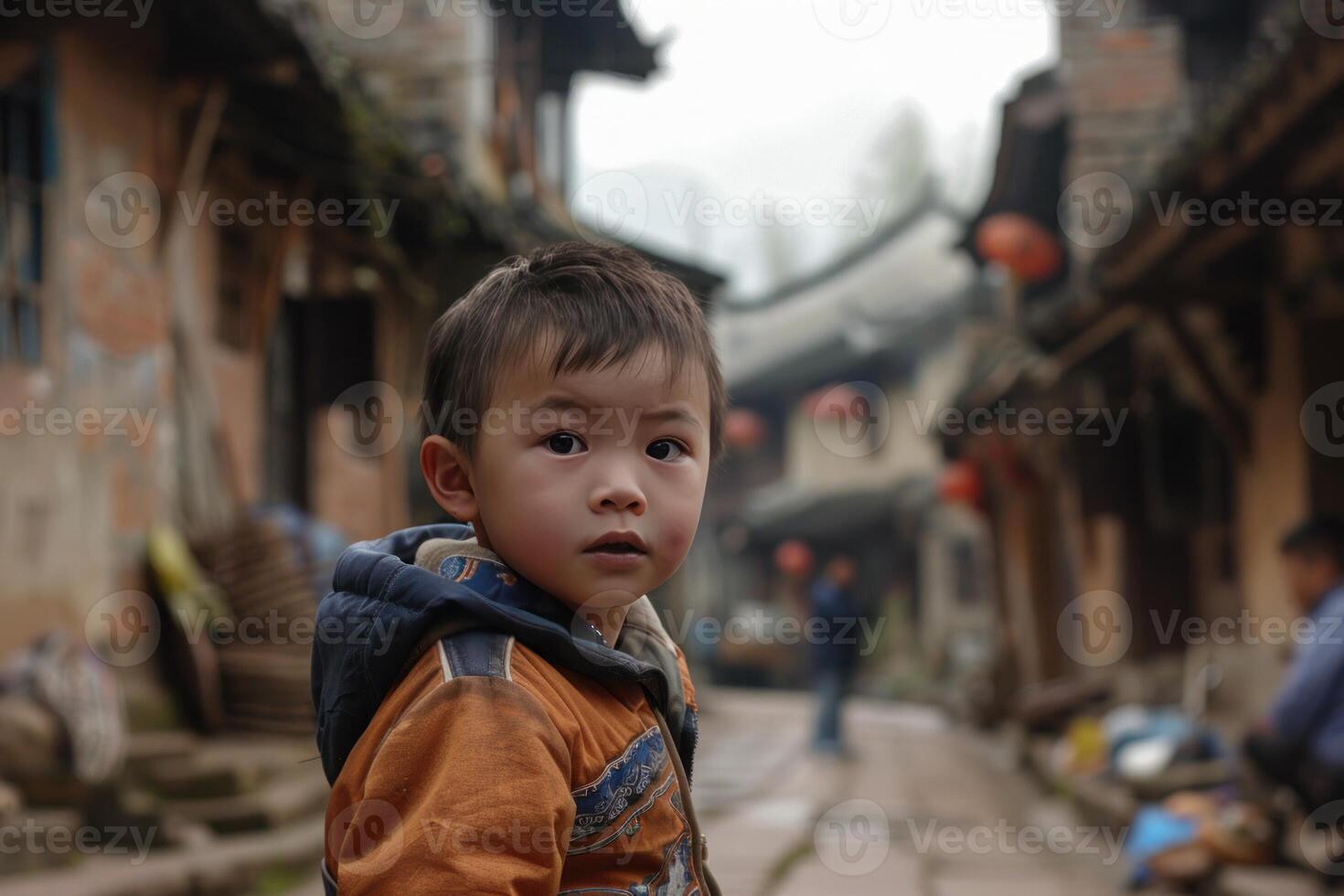 Young chinese boy standing on a cobblestone street in an ancient village photo