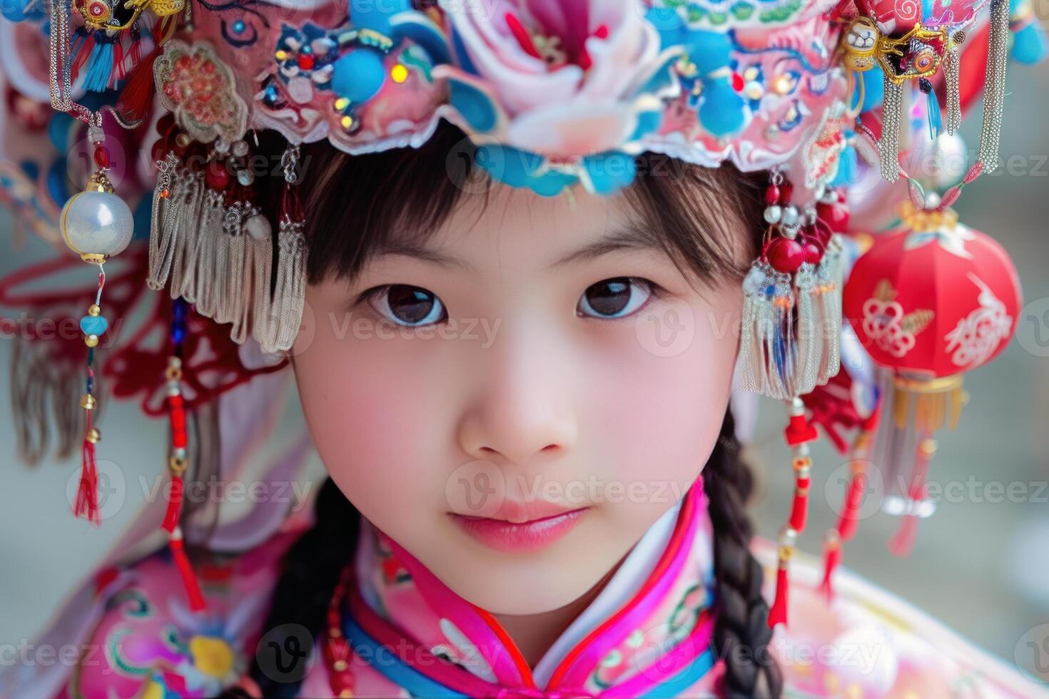 Young girl wearing traditional chinese opera headdress posing for photo