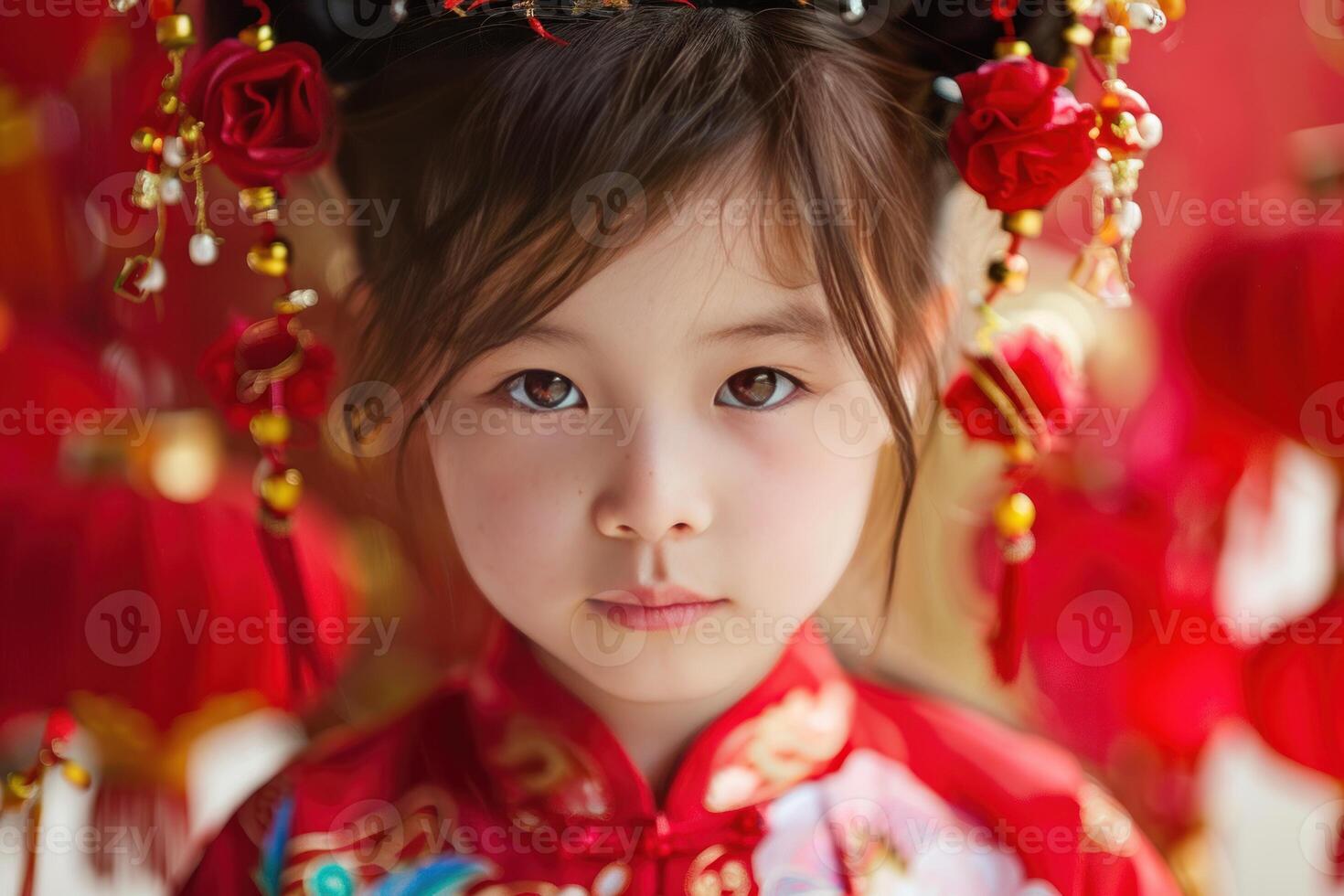 Young girl wearing traditional chinese dress celebrating lunar new year photo