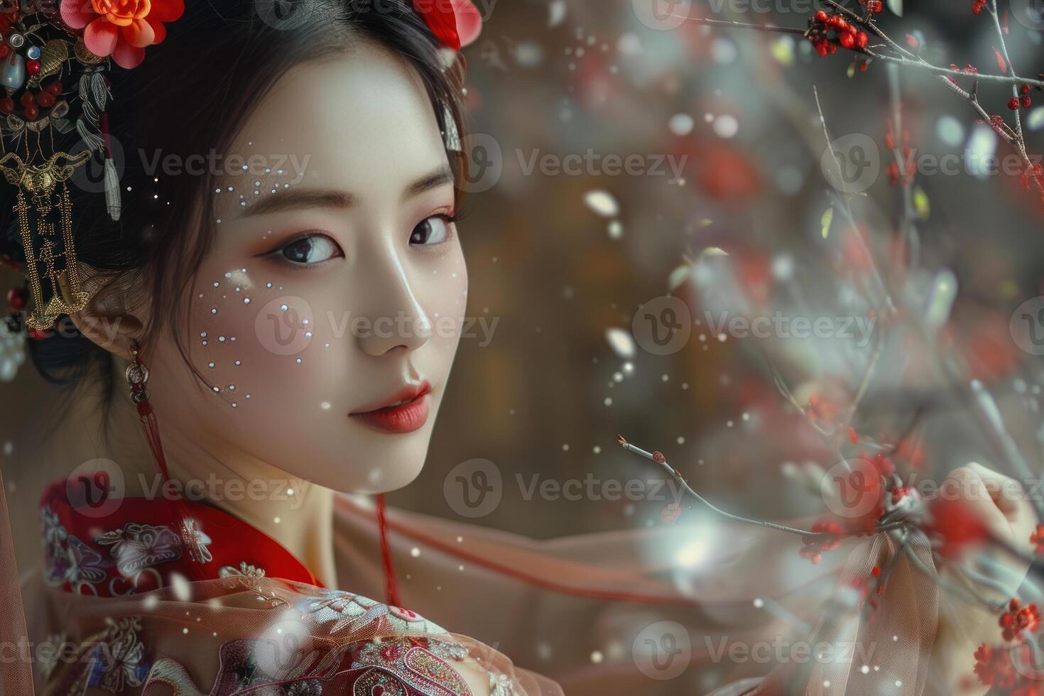 Beautiful asian woman wearing traditional dress posing near blooming tree photo