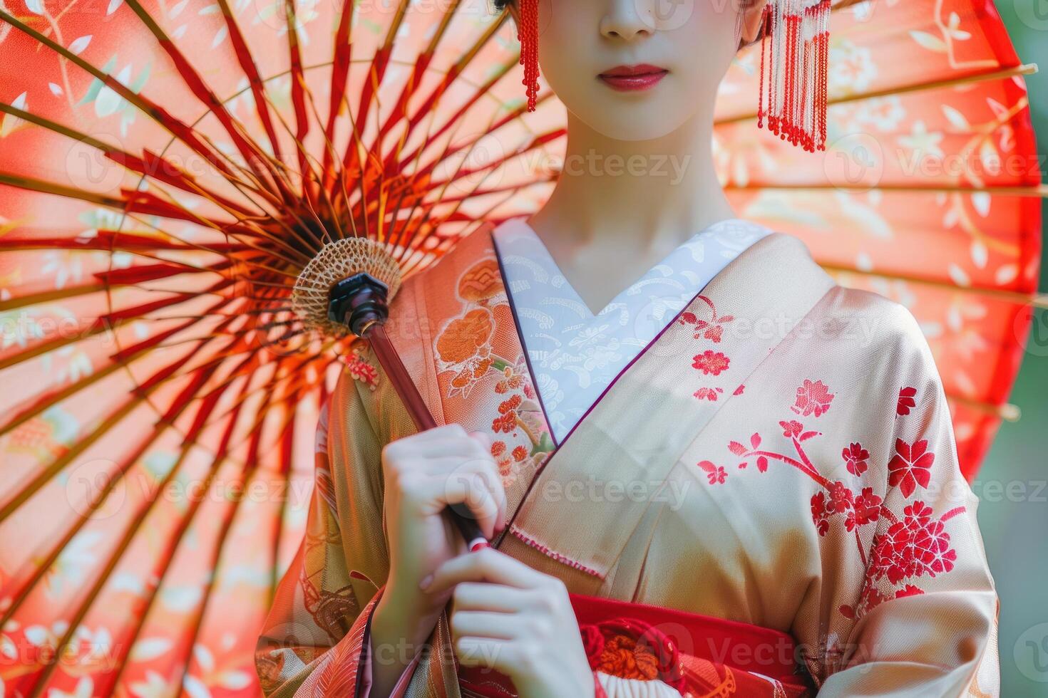 Geisha holding traditional red japanese umbrella posing outdoors photo