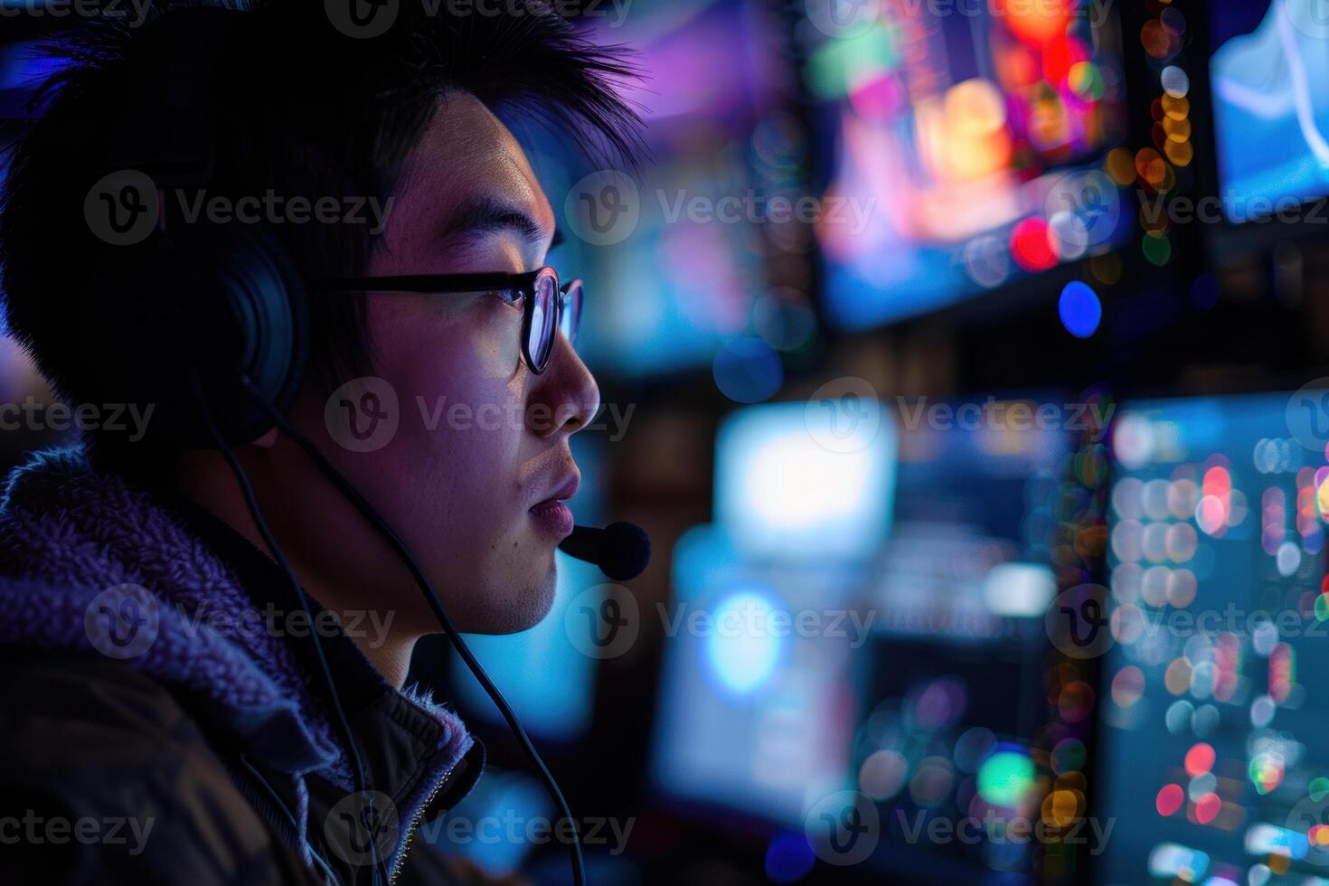 Young asian computer programmer is working late at night photo