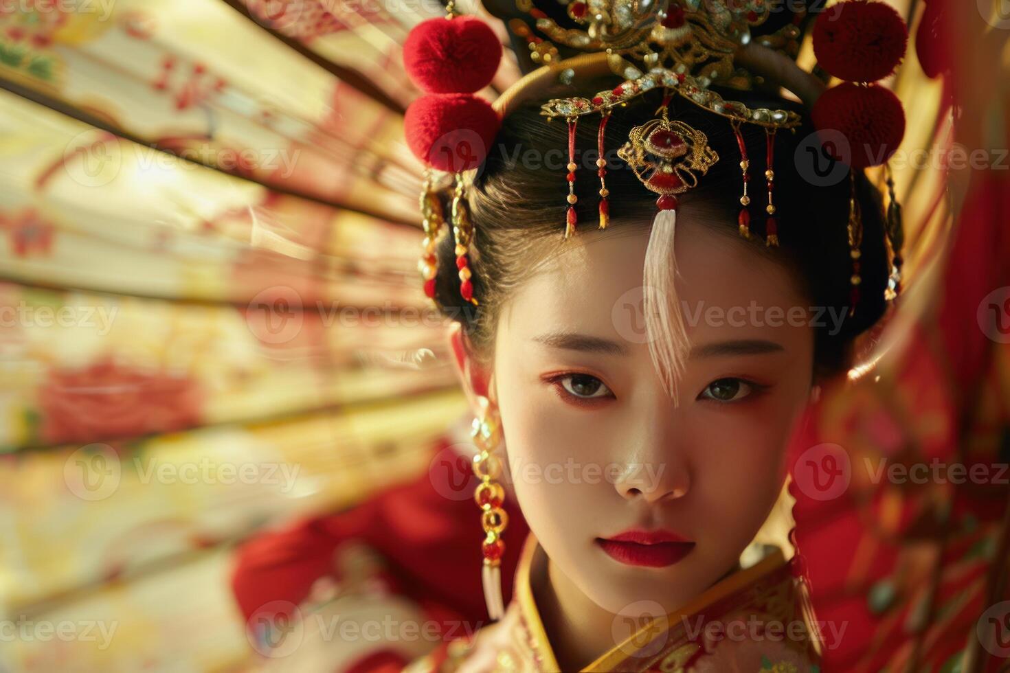 Beautiful chinese woman posing with traditional headwear and fan background photo