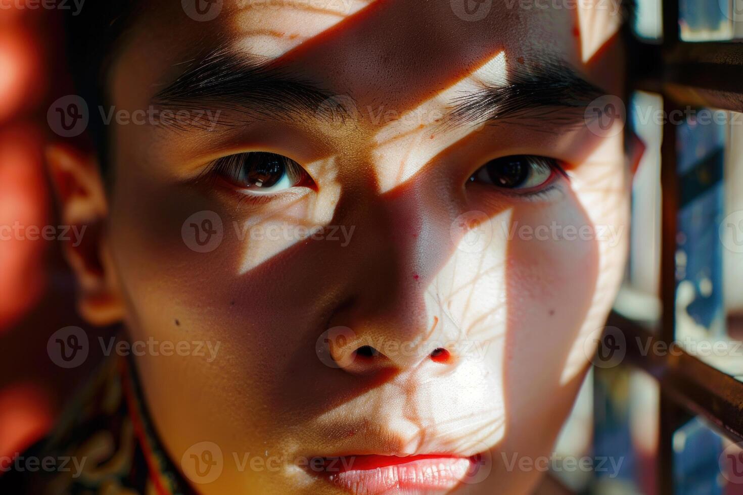 Young asian man with eyes partially hidden by shadows posing near window photo