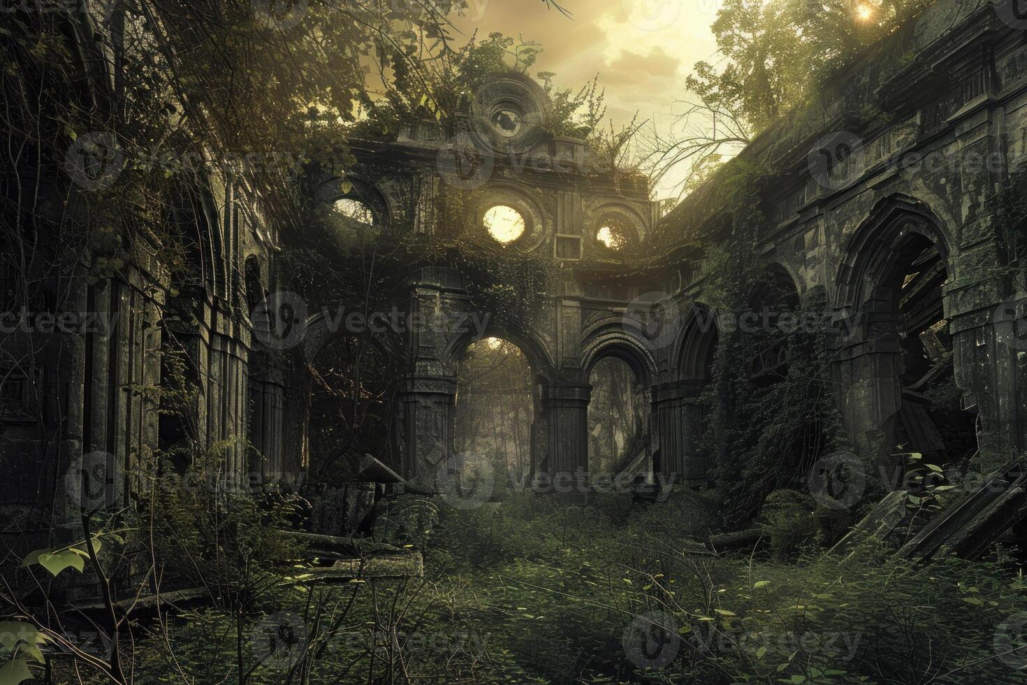 Enigmatic abandoned mansion in overgrown forest photo