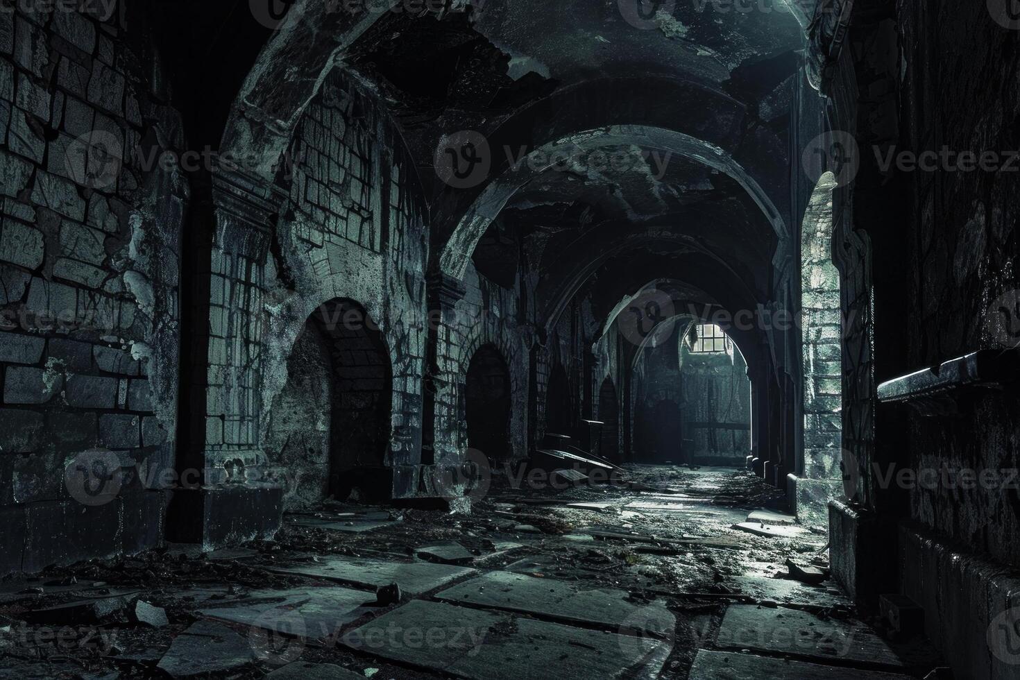 Eerie abandoned hallway in ruins photo