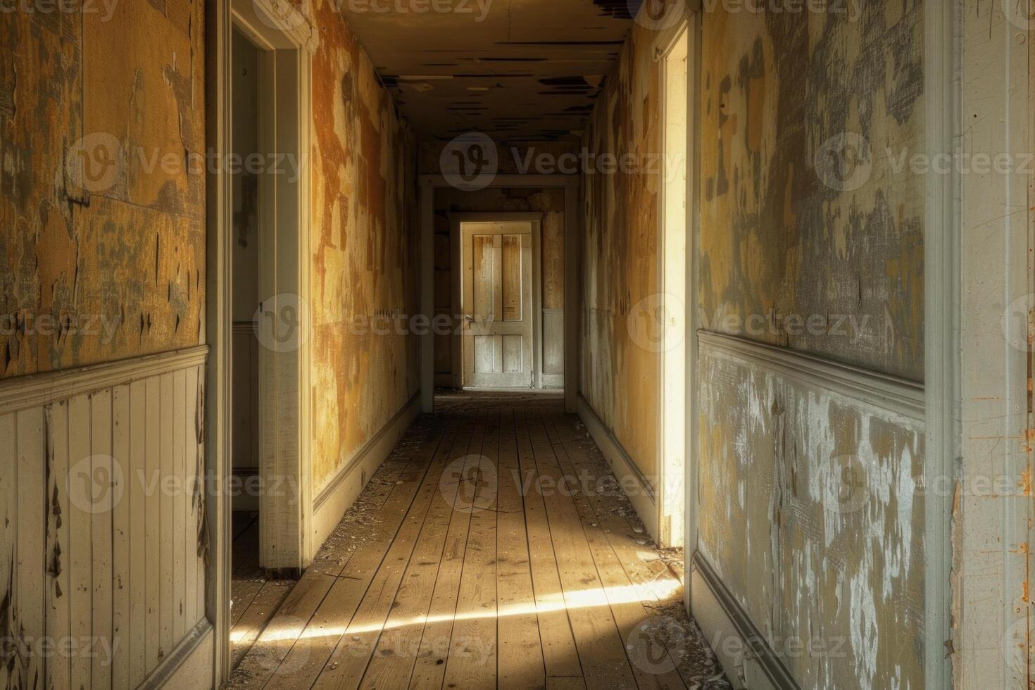 Warm sunlight streams into a decaying corridor of an abandoned building, evoking eerie serenity photo