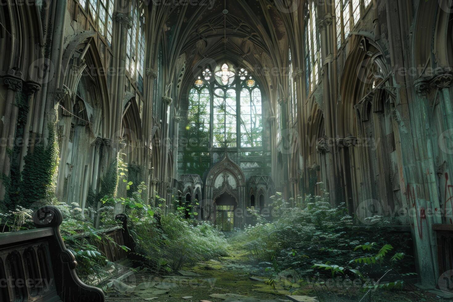 Enchanted abandoned church interior overgrown with nature photo
