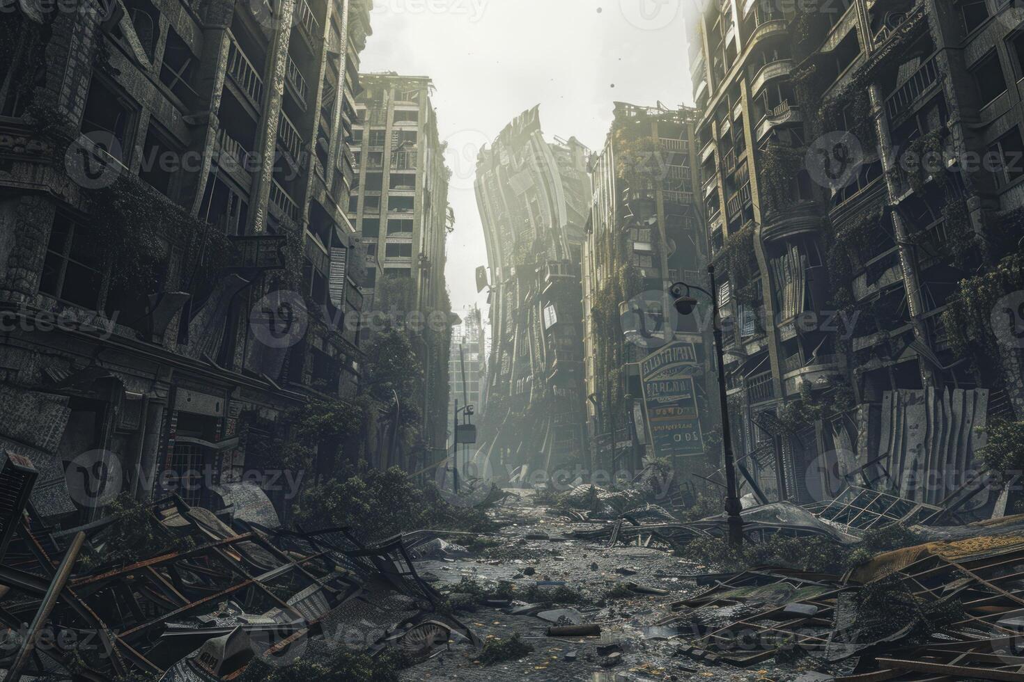Eerie cityscape showcasing the aftermath of an apocalypse with desolate buildings and debris photo