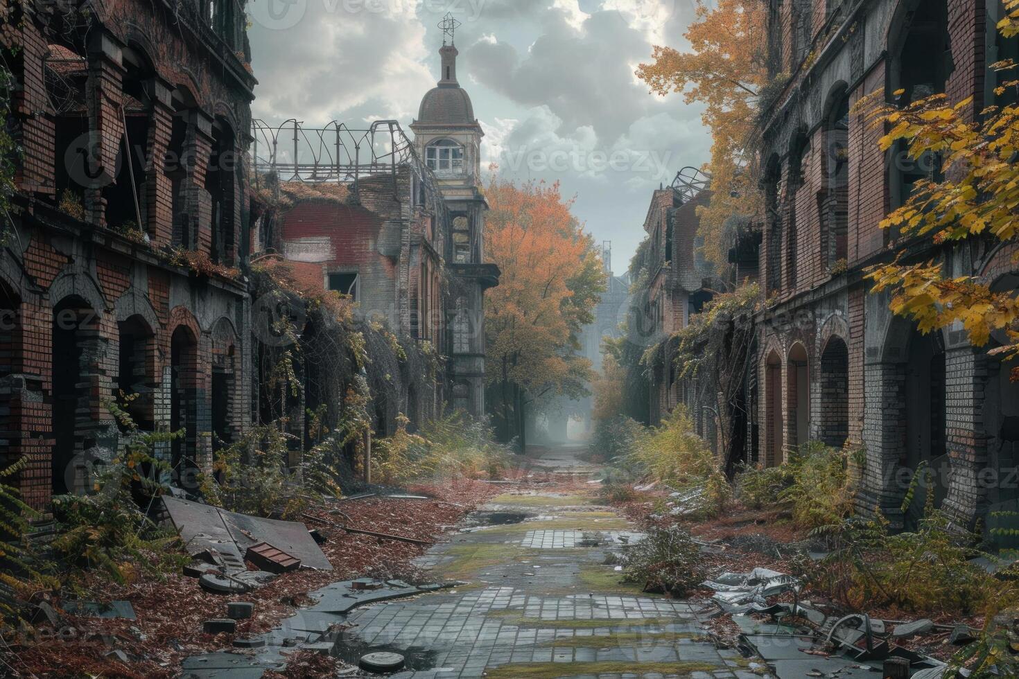 Abandoned city street with overgrown buildings in autumn photo