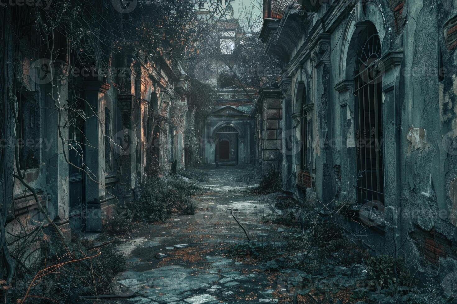 Mysterious abandoned mansion at twilight photo