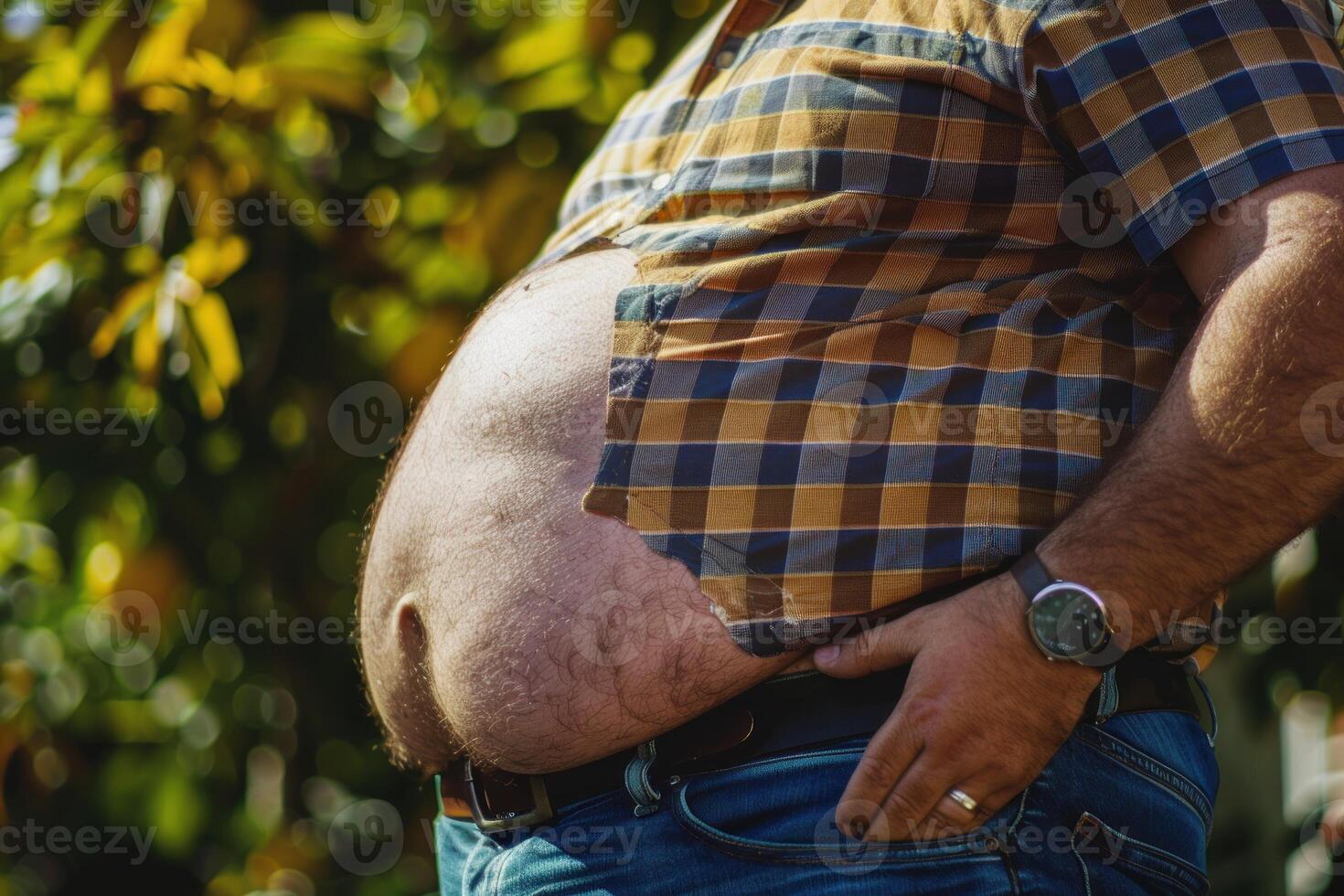 Man with a belly in plaid shirt photo