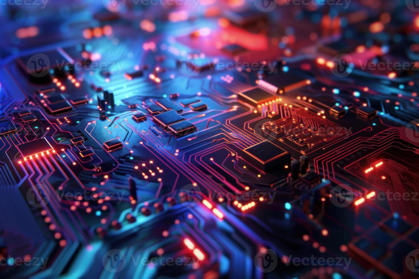 Futuristic circuit board landscape with illuminated paths photo