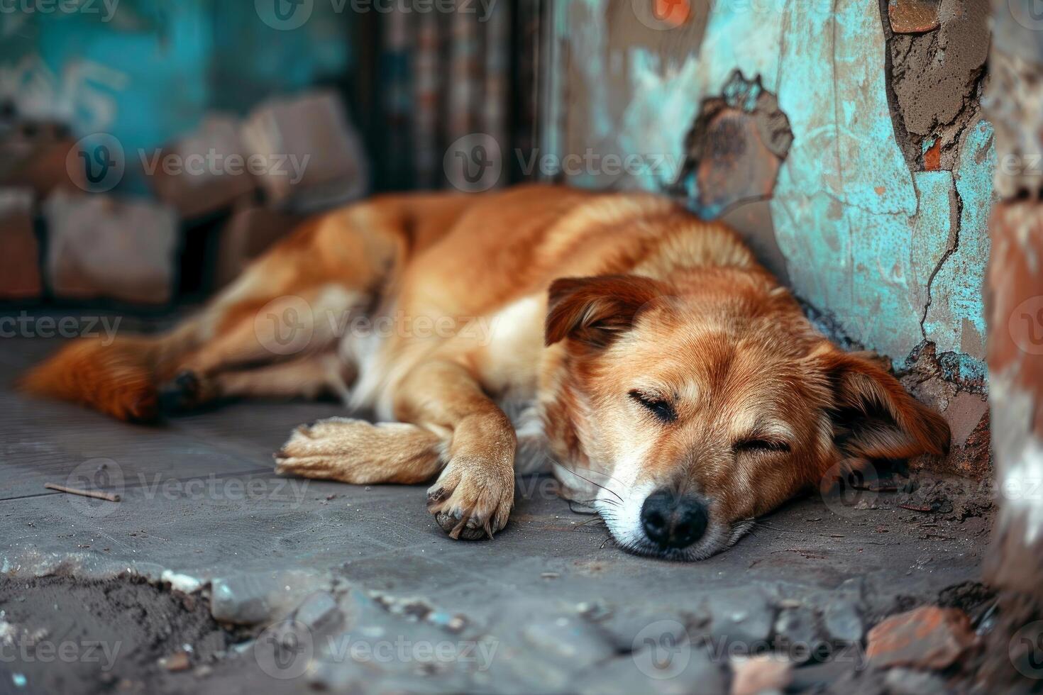 Sleeping stray dog on urban street photo