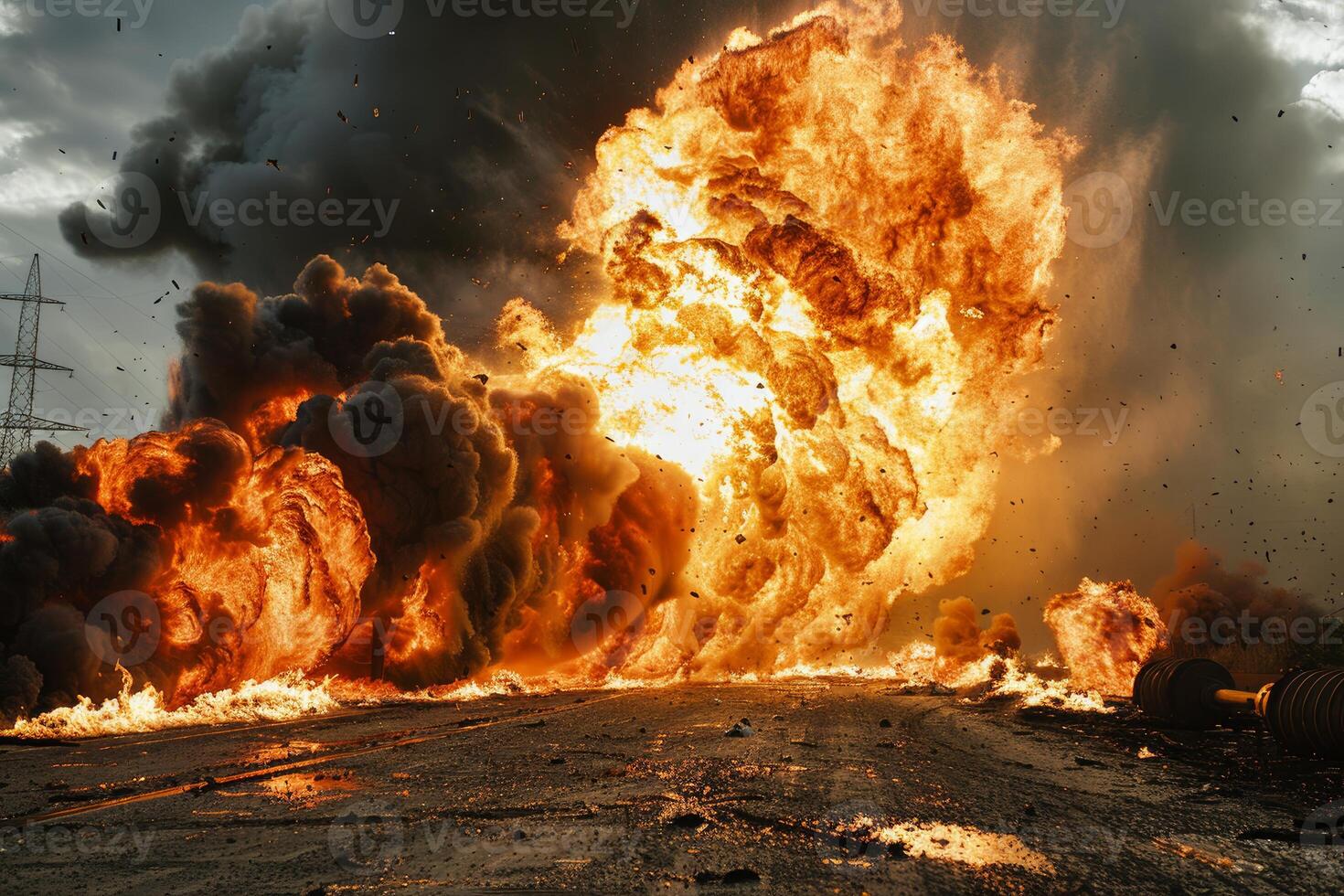 Apocalyptic fire explosion on road photo