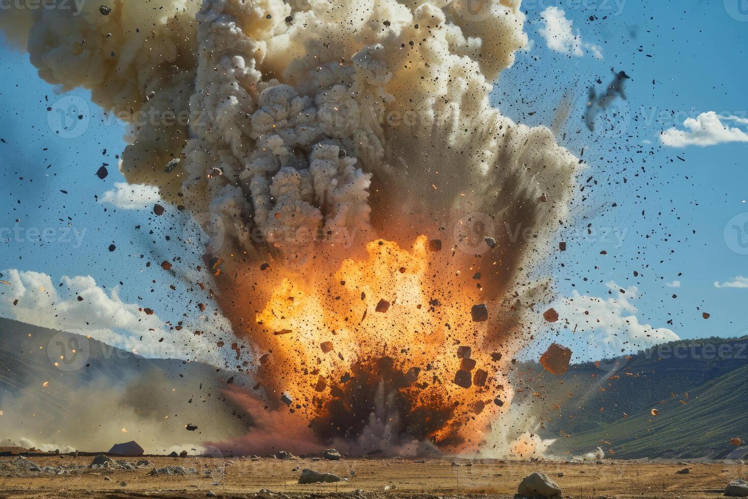 Explosive blast in quarry with flying debris photo