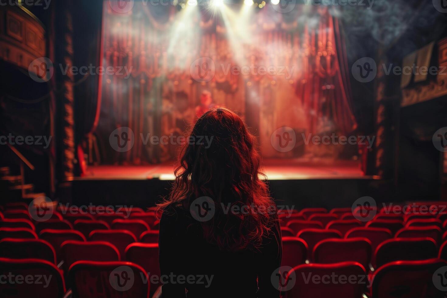 Audience perspective of a theatrical stage performance photo
